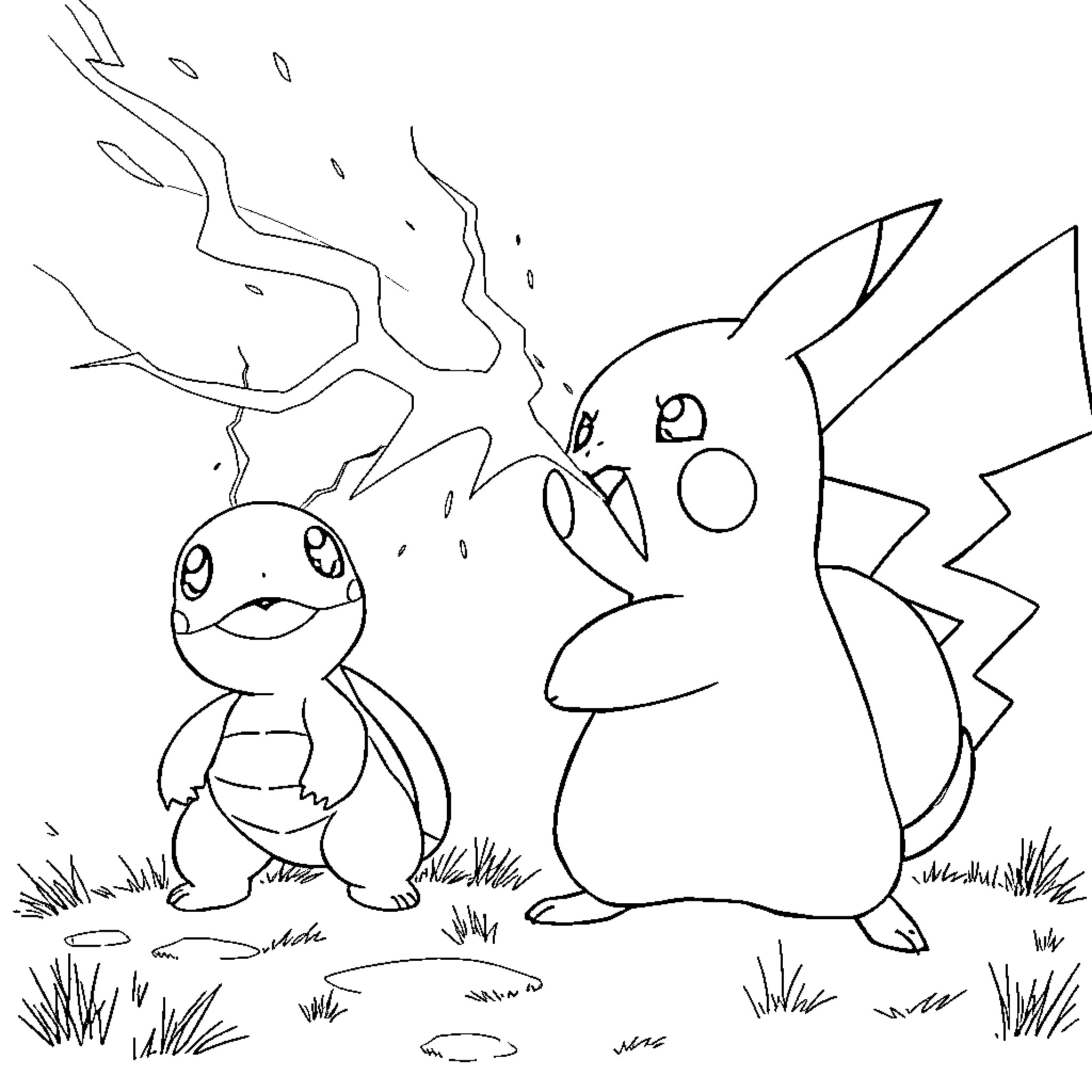 Pikachu and friends in playful adventure Coloring Page (free black-and-white line drawing printable PDF for all, from beginners to advanced learners, including children, teens, adults, and seniors)