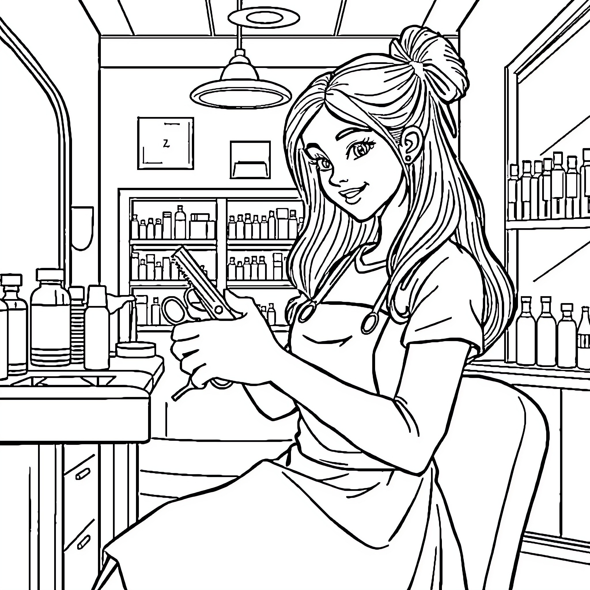 Barber Providing Stylish Haircut in Salon Coloring Page (free black-and-white line drawing printable PDF for all, from beginners to advanced learners, including children, teens, adults, and seniors)