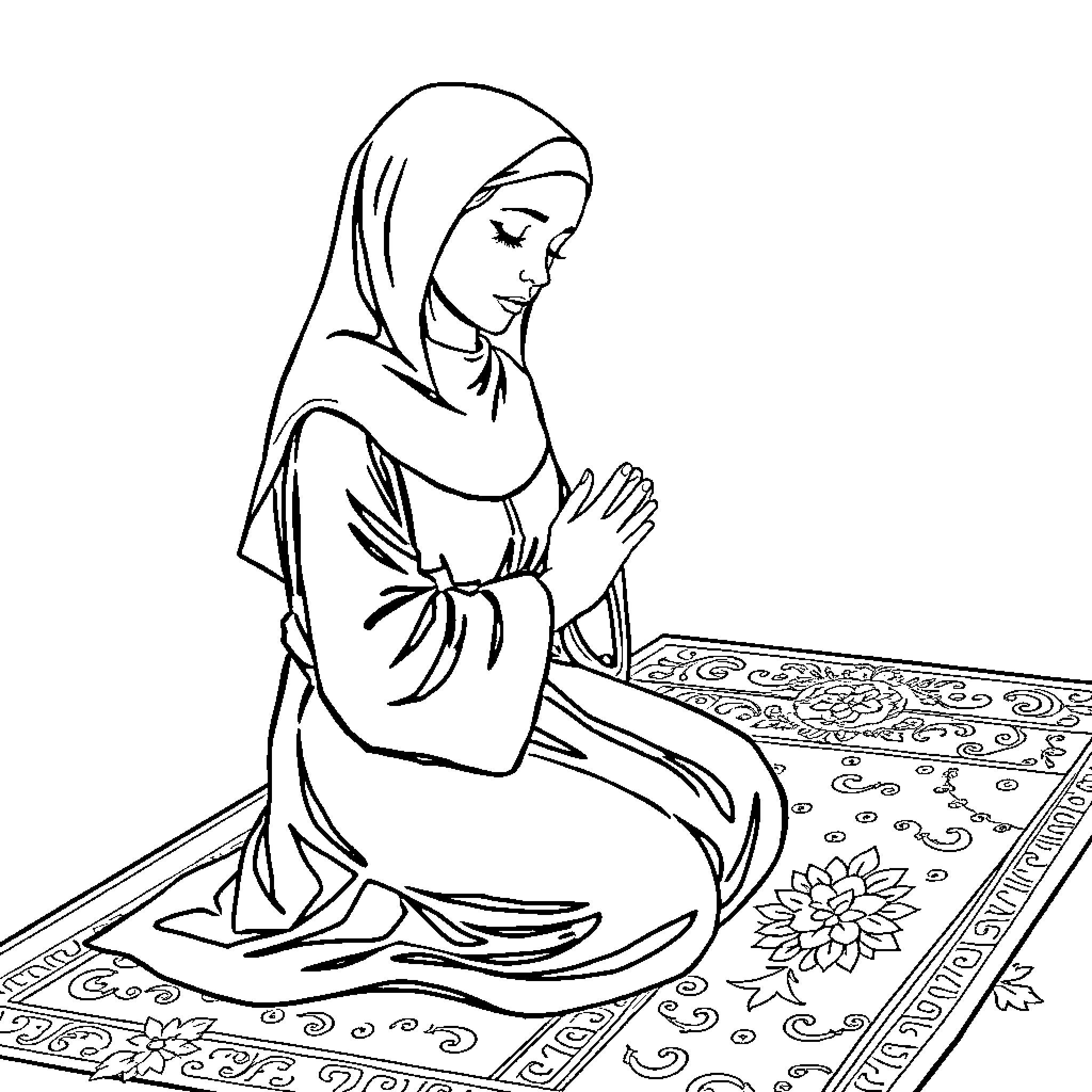 Nun in prayer and contemplation on ornate rug Coloring Page (free black-and-white line drawing printable PDF for all, from beginners to advanced learners, including children, teens, adults, and seniors)