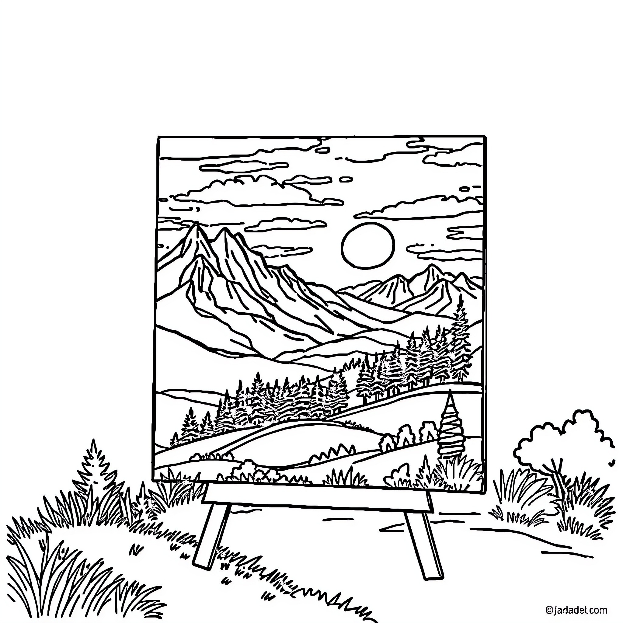 Painting of a scenic mountain landscape Coloring Page (free black-and-white line drawing printable PDF for all, from beginners to advanced learners, including children, teens, adults, and seniors)