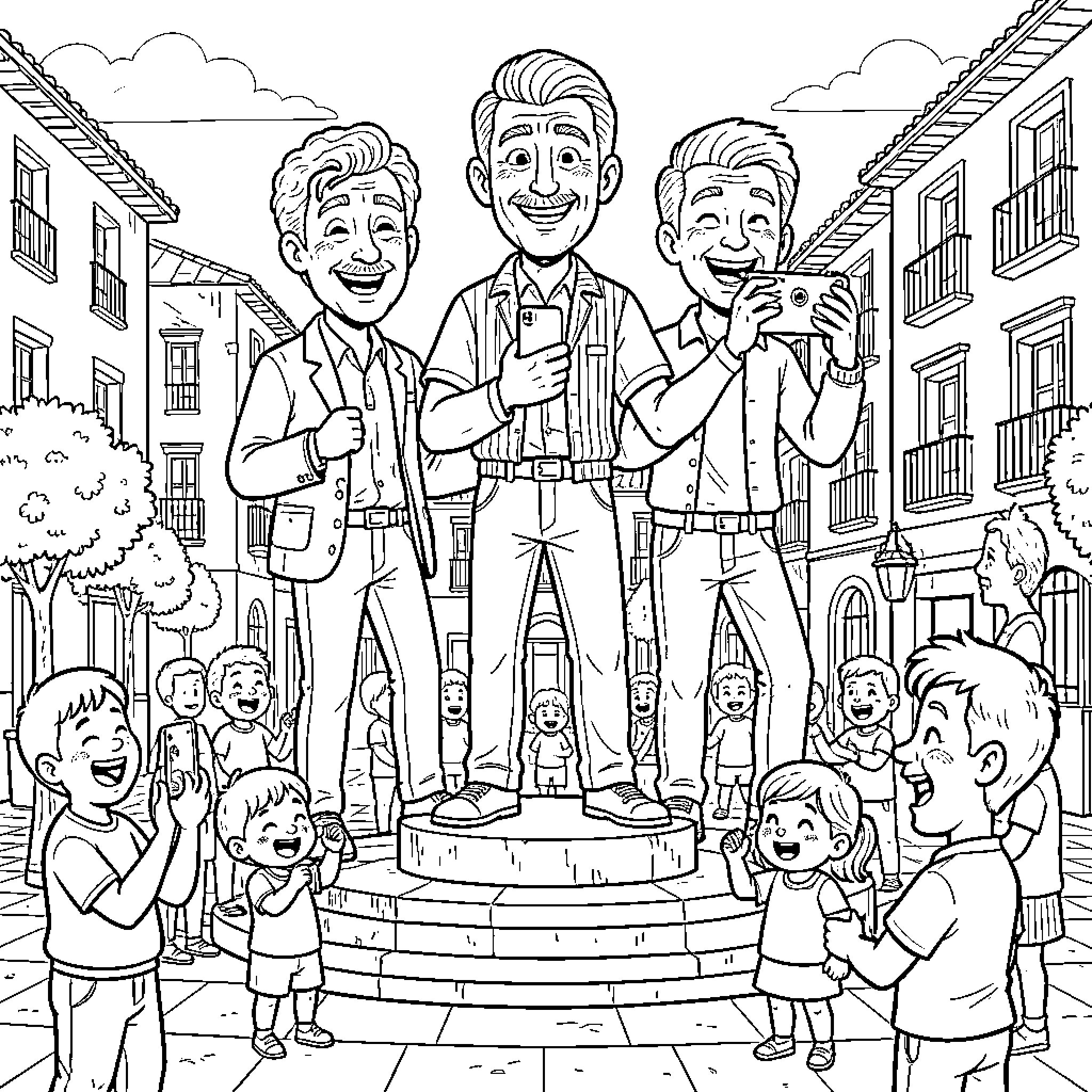 Giant Joyful Community Celebration Coloring Page (free black-and-white line drawing printable PDF for all, from beginners to advanced learners, including children, teens, adults, and seniors)
