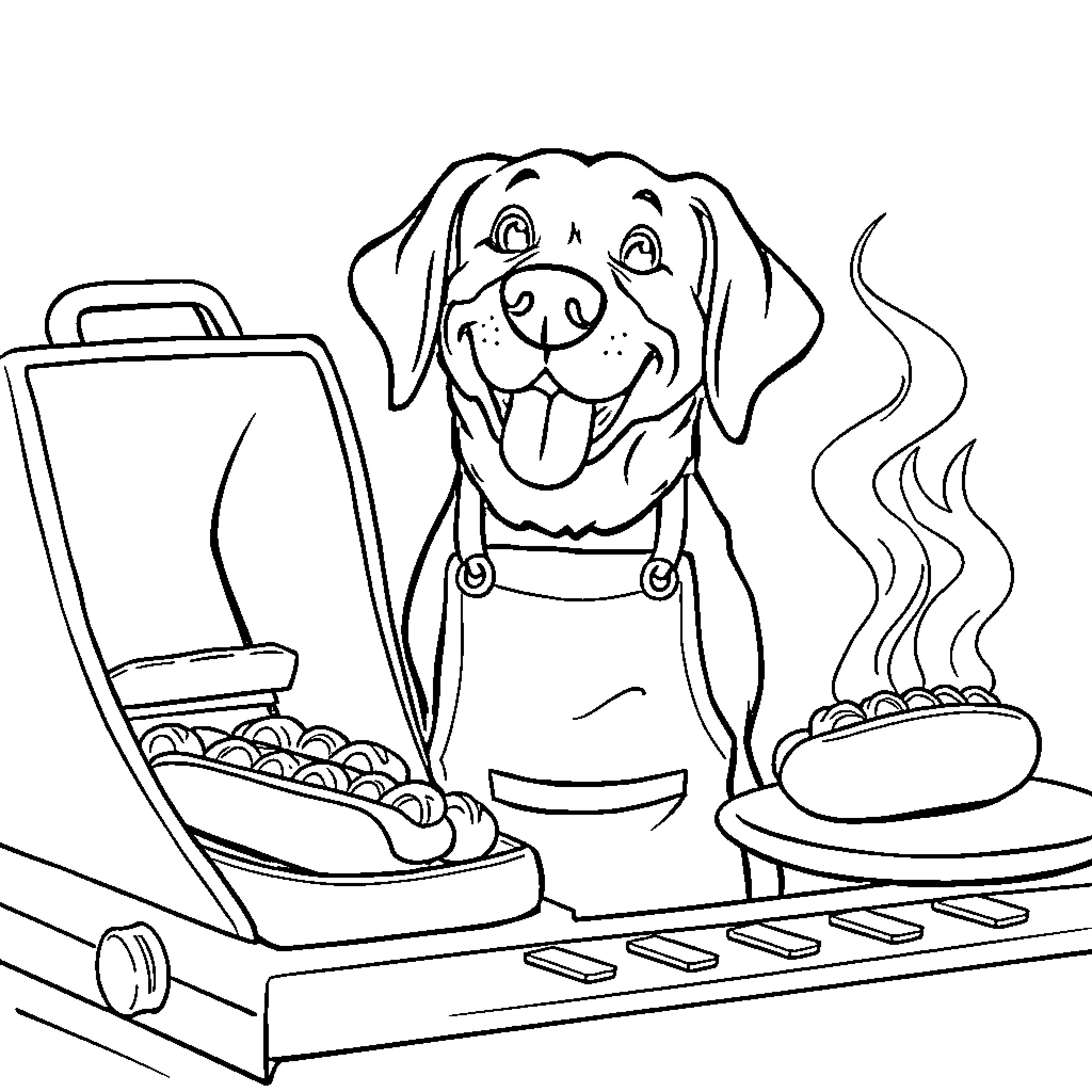 Labrador enjoying a tasty meal in the kitchen Coloring Page (free black-and-white line drawing printable PDF for all, from beginners to advanced learners, including children, teens, adults, and seniors)
