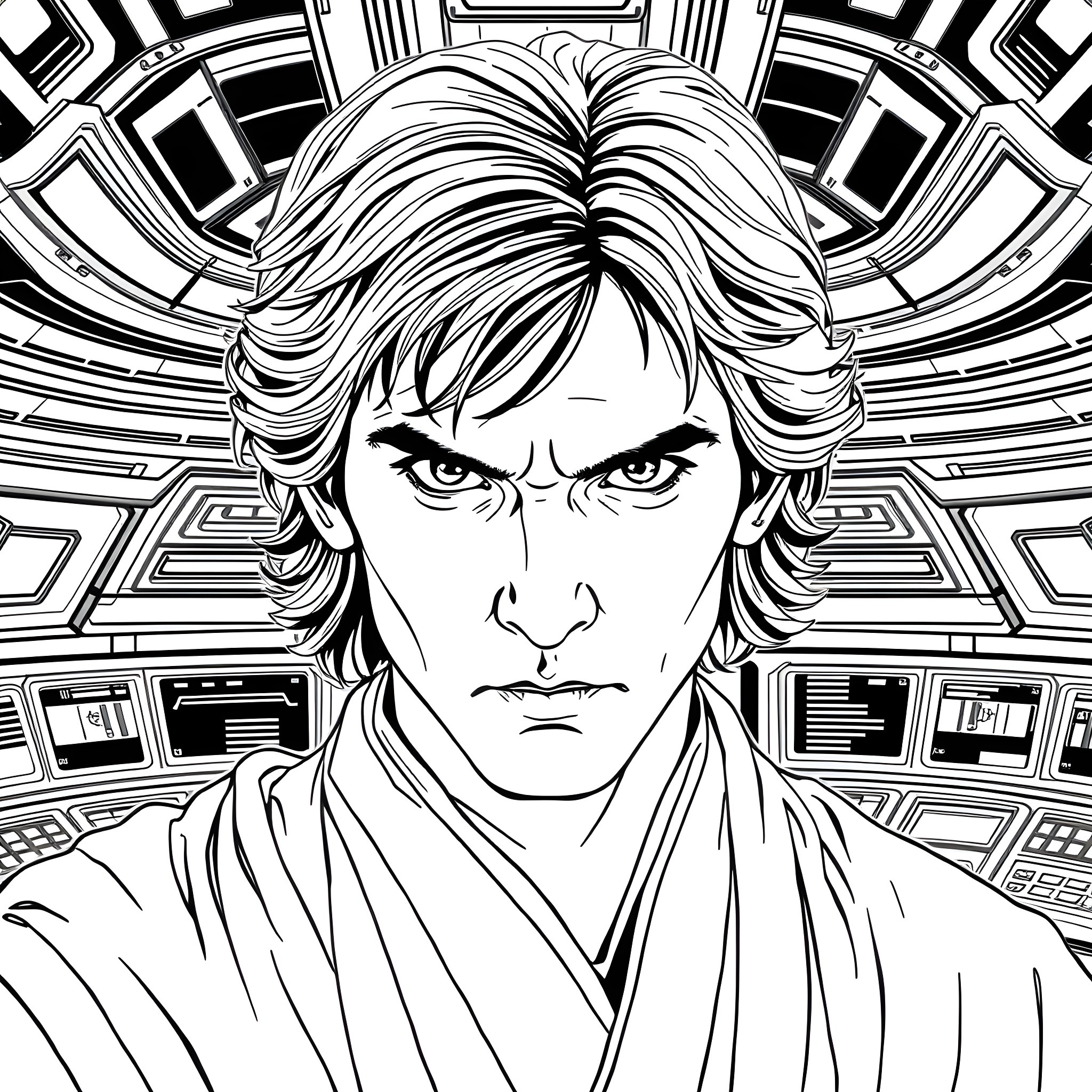 Anakin Skywalker's Intense Gaze Amidst Futuristic Technology Coloring Page (free black-and-white line drawing printable PDF for all, from beginners to advanced learners, including children, teens, adults, and seniors)