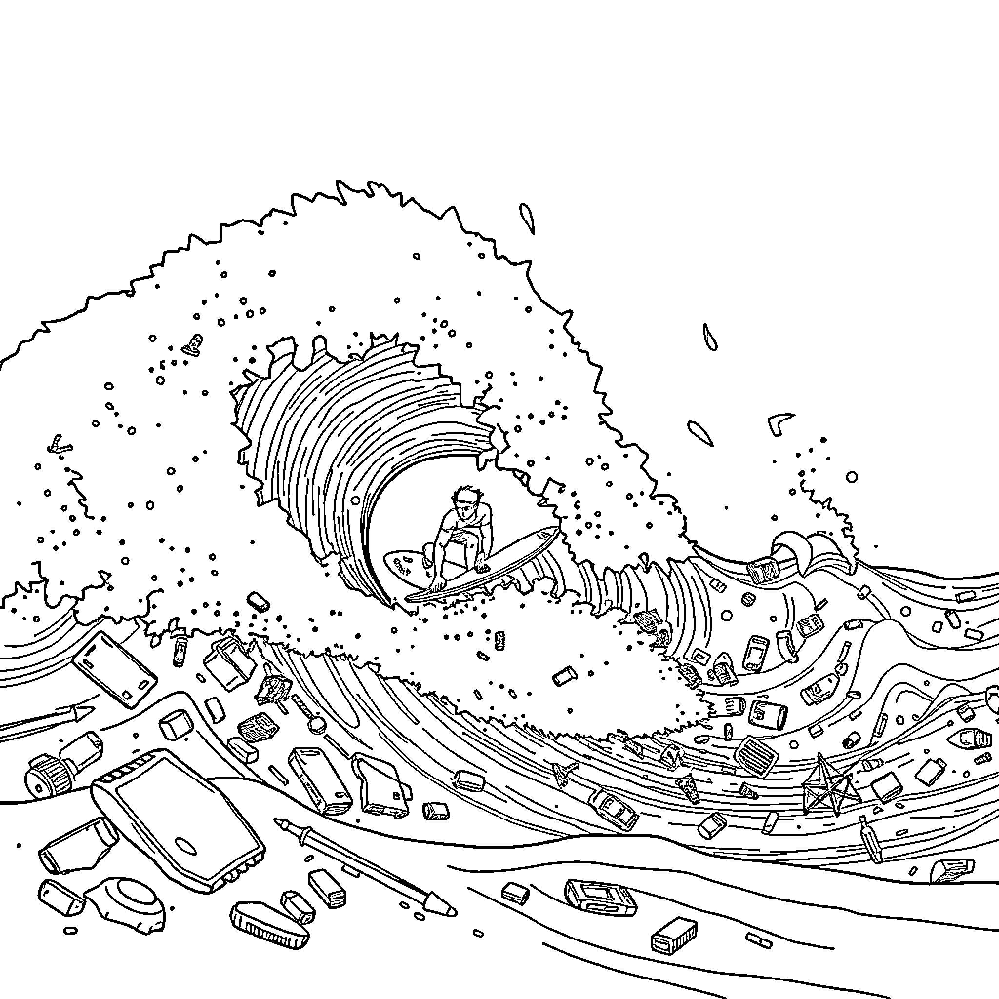 Surfer riding a massive wave amidst debris Coloring Page (free black-and-white line drawing printable PDF for all, from beginners to advanced learners, including children, teens, adults, and seniors)