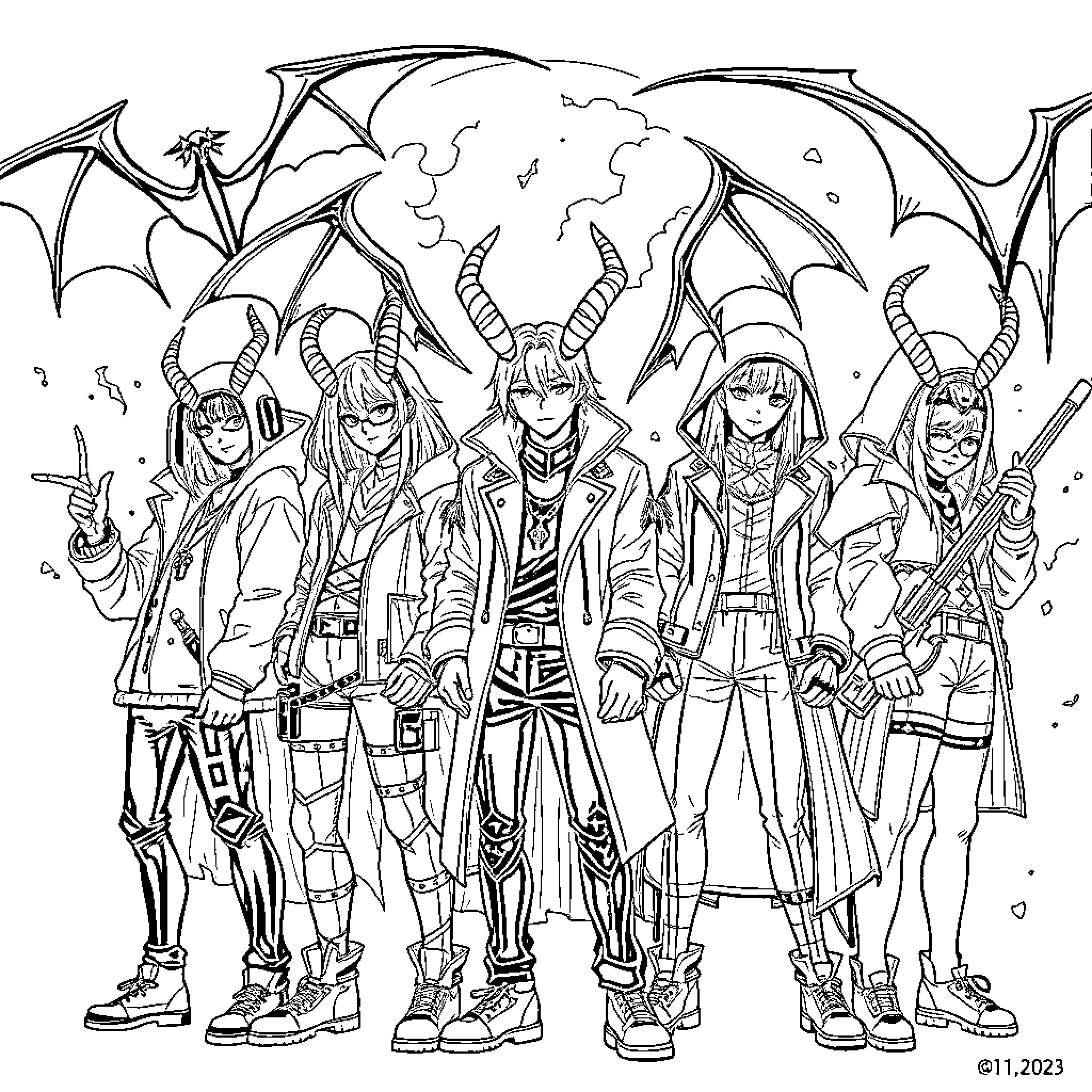 Demon Hunter Squad in Fierce Battle Stance Coloring Page (free black-and-white line drawing printable PDF for all, from beginners to advanced learners, including children, teens, adults, and seniors)