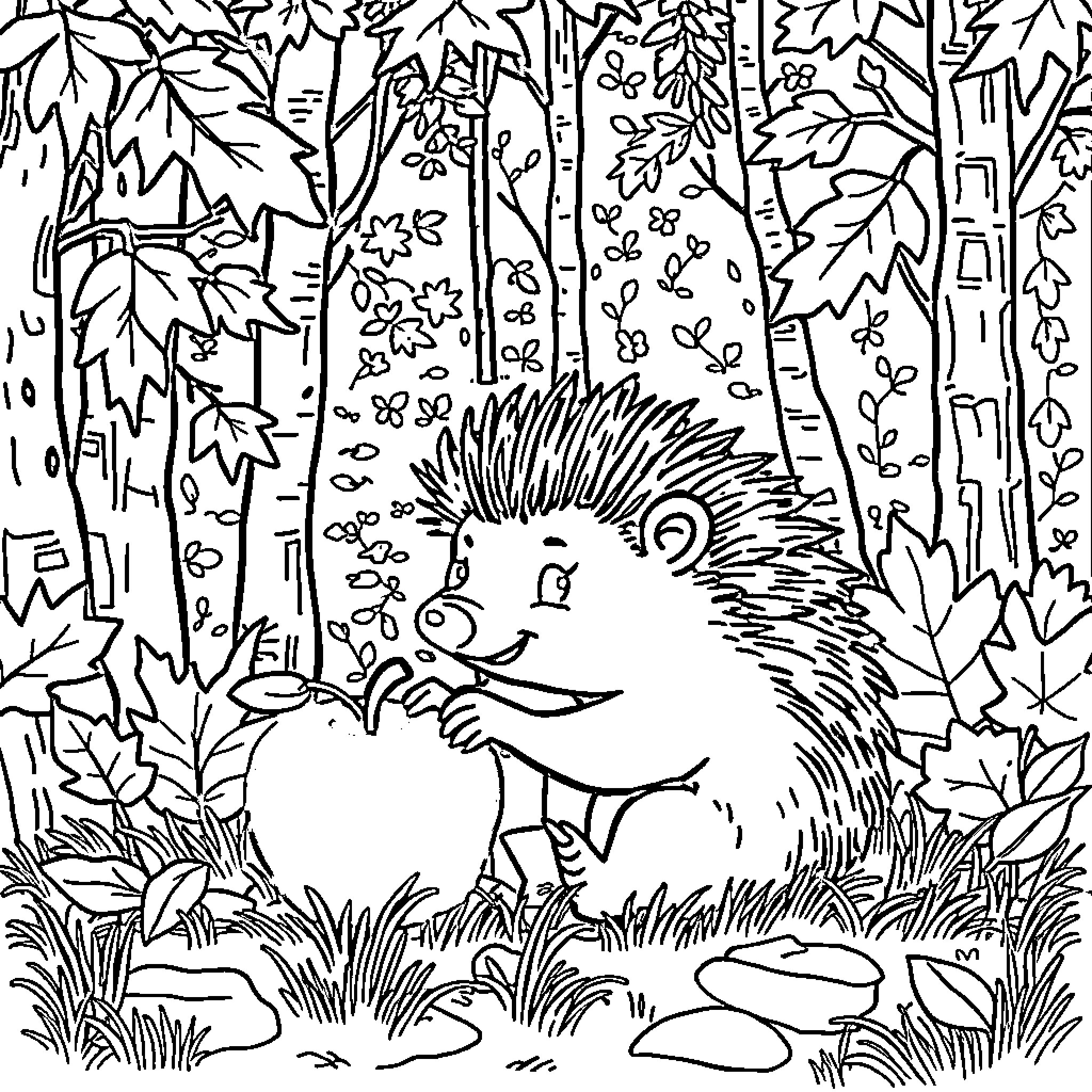 Hedgehog exploring the forest Coloring Page (free black-and-white line drawing printable PDF for all, from beginners to advanced learners, including children, teens, adults, and seniors)