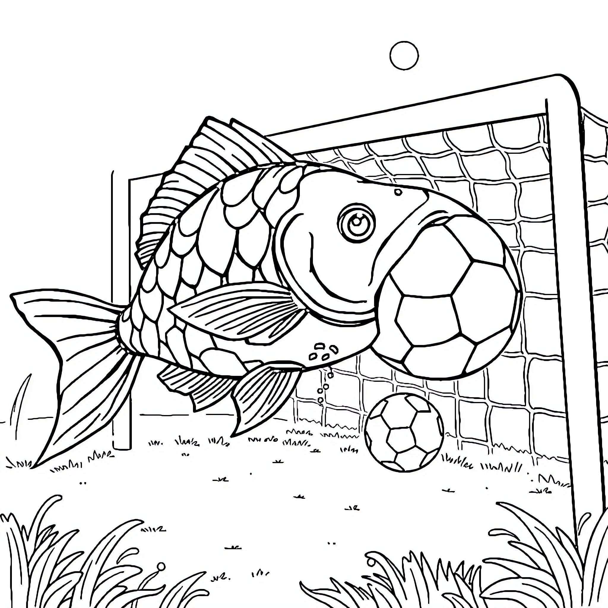 Fish playing with soccer ball near goal Coloring Page (free black-and-white line drawing printable PDF for all, from beginners to advanced learners, including children, teens, adults, and seniors)