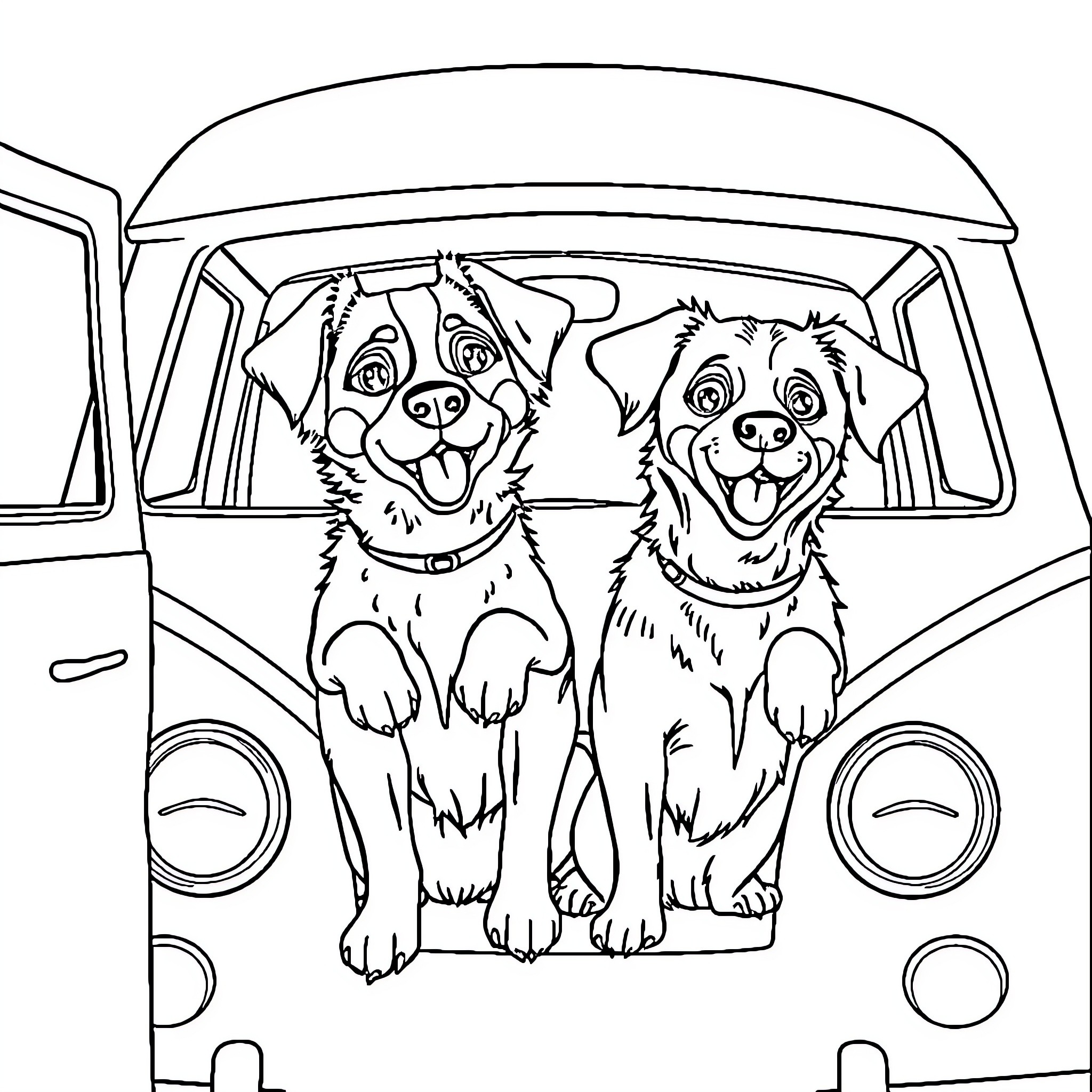 Dogs enjoying a road trip in a van Coloring Page (free black-and-white line drawing printable PDF for all, from beginners to advanced learners, including children, teens, adults, and seniors)