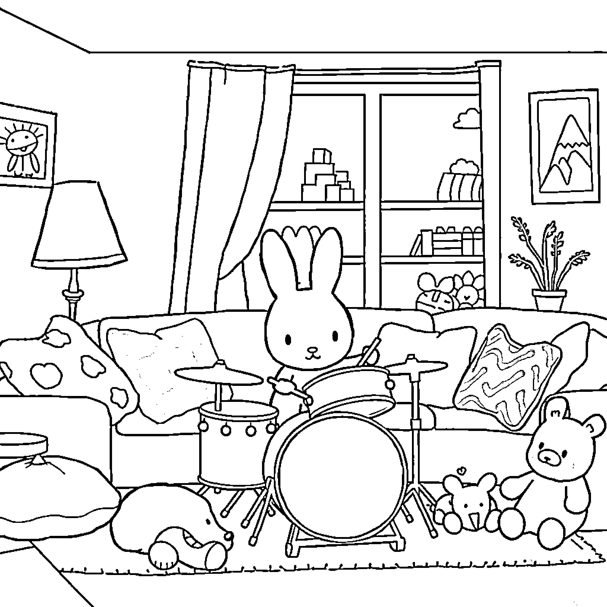 Miffy's Musical Playroom Coloring Page (free black-and-white line drawing printable PDF for all, from beginners to advanced learners, including children, teens, adults, and seniors)