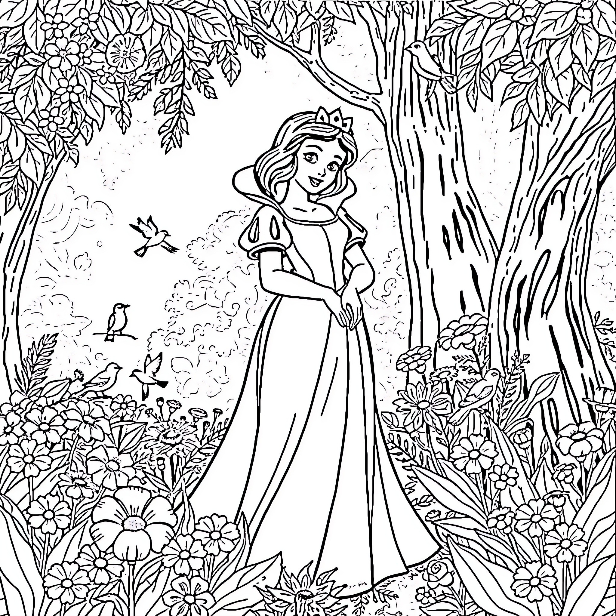 Snowwhite's Enchanted Forest Adventure Coloring Page (free black-and-white line drawing printable PDF for all, from beginners to advanced learners, including children, teens, adults, and seniors)