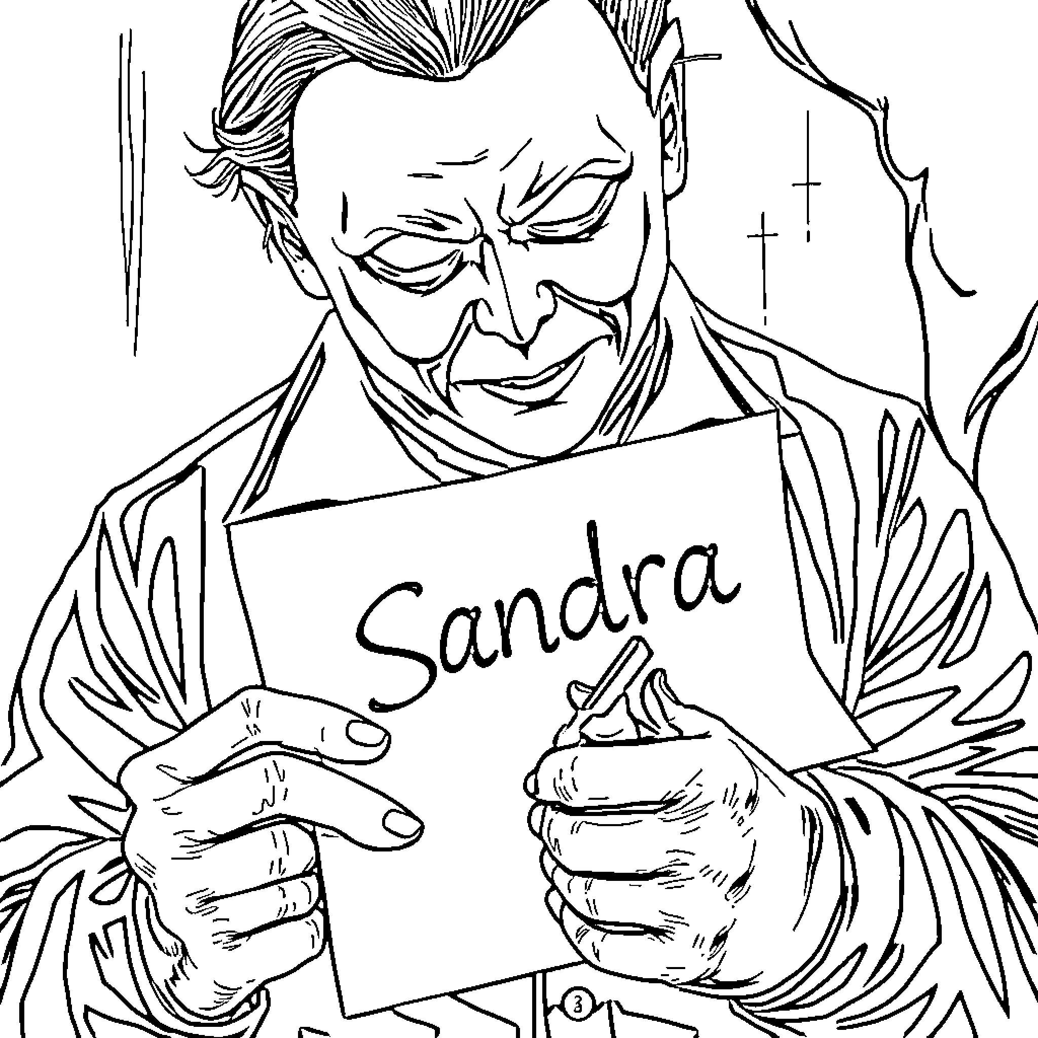 Michael Myers threatening with a Sandra sign Coloring Page (free black-and-white line drawing printable PDF for all, from beginners to advanced learners, including children, teens, adults, and seniors)