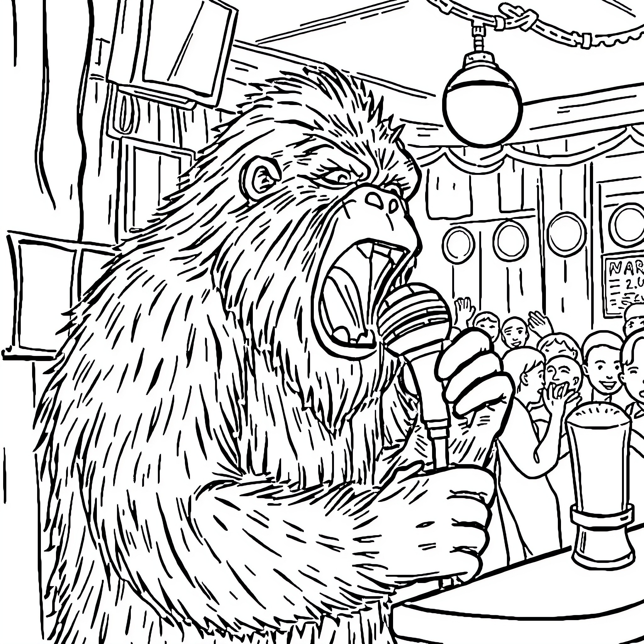 Bigfoot Causing Chaos in the City Coloring Page (free black-and-white line drawing printable PDF for all, from beginners to advanced learners, including children, teens, adults, and seniors)