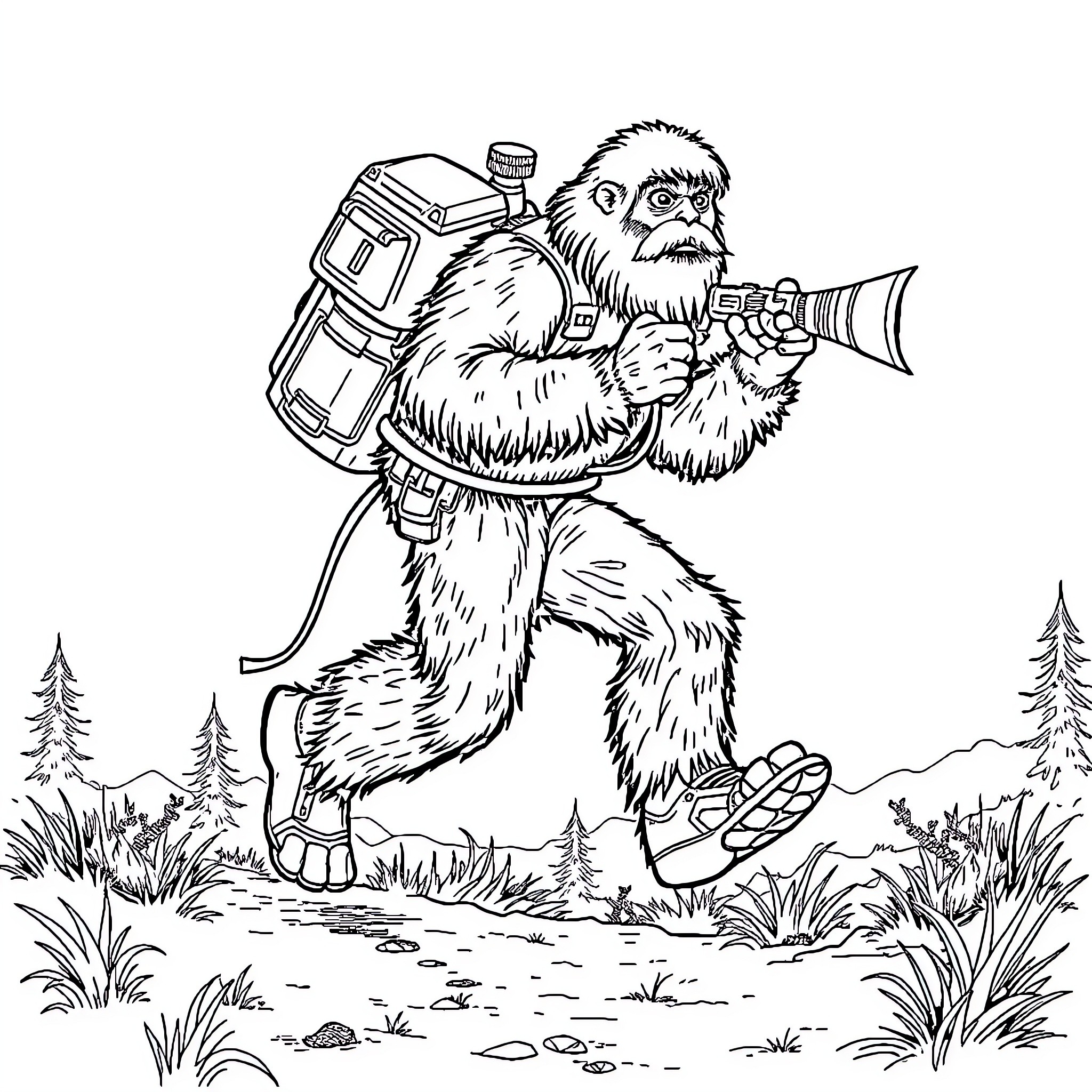 Bigfoot exploring the wilderness with camera equipment Coloring Page (free black-and-white line drawing printable PDF for all, from beginners to advanced learners, including children, teens, adults, and seniors)