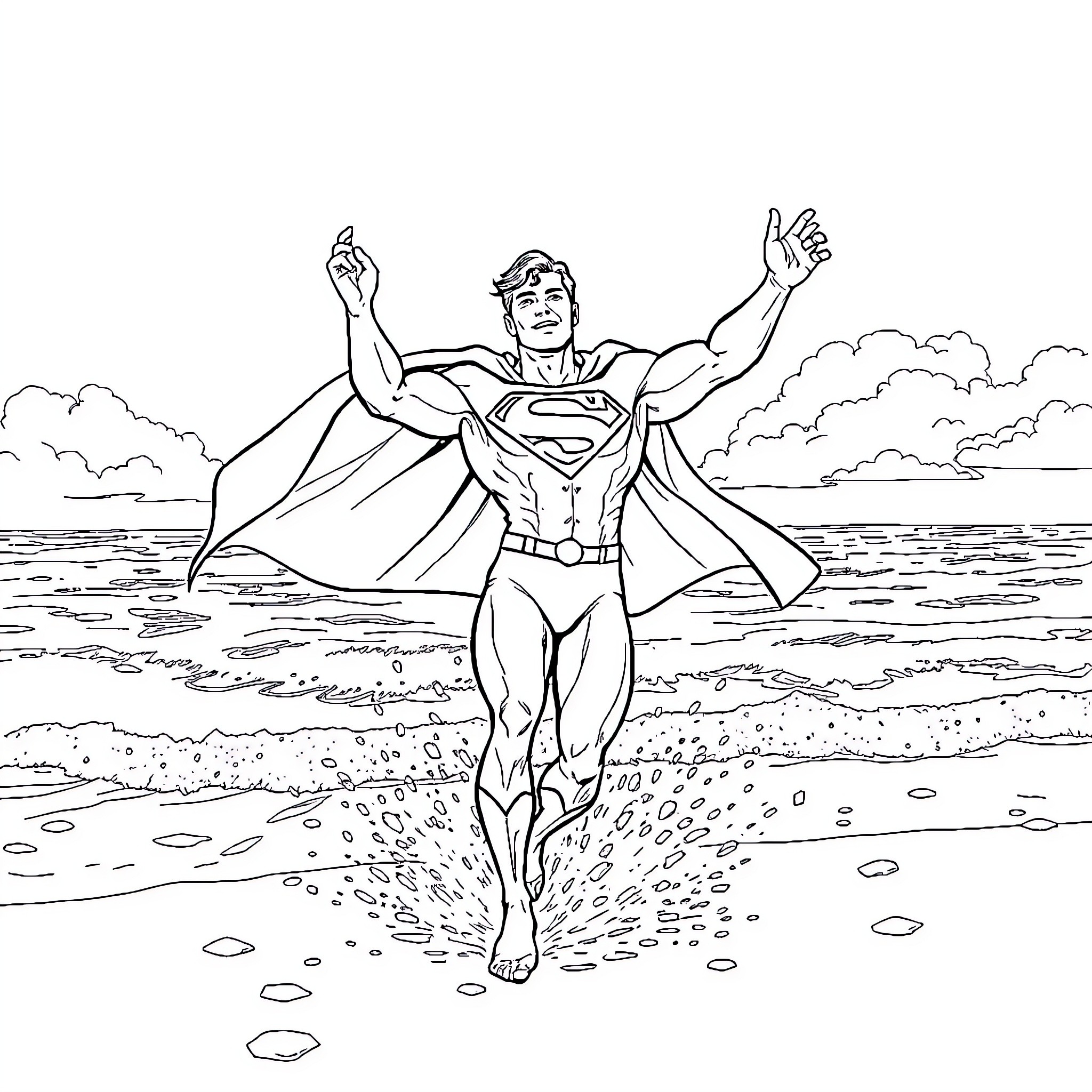 Superman soaring above the waves Coloring Page (free black-and-white line drawing printable PDF for all, from beginners to advanced learners, including children, teens, adults, and seniors)