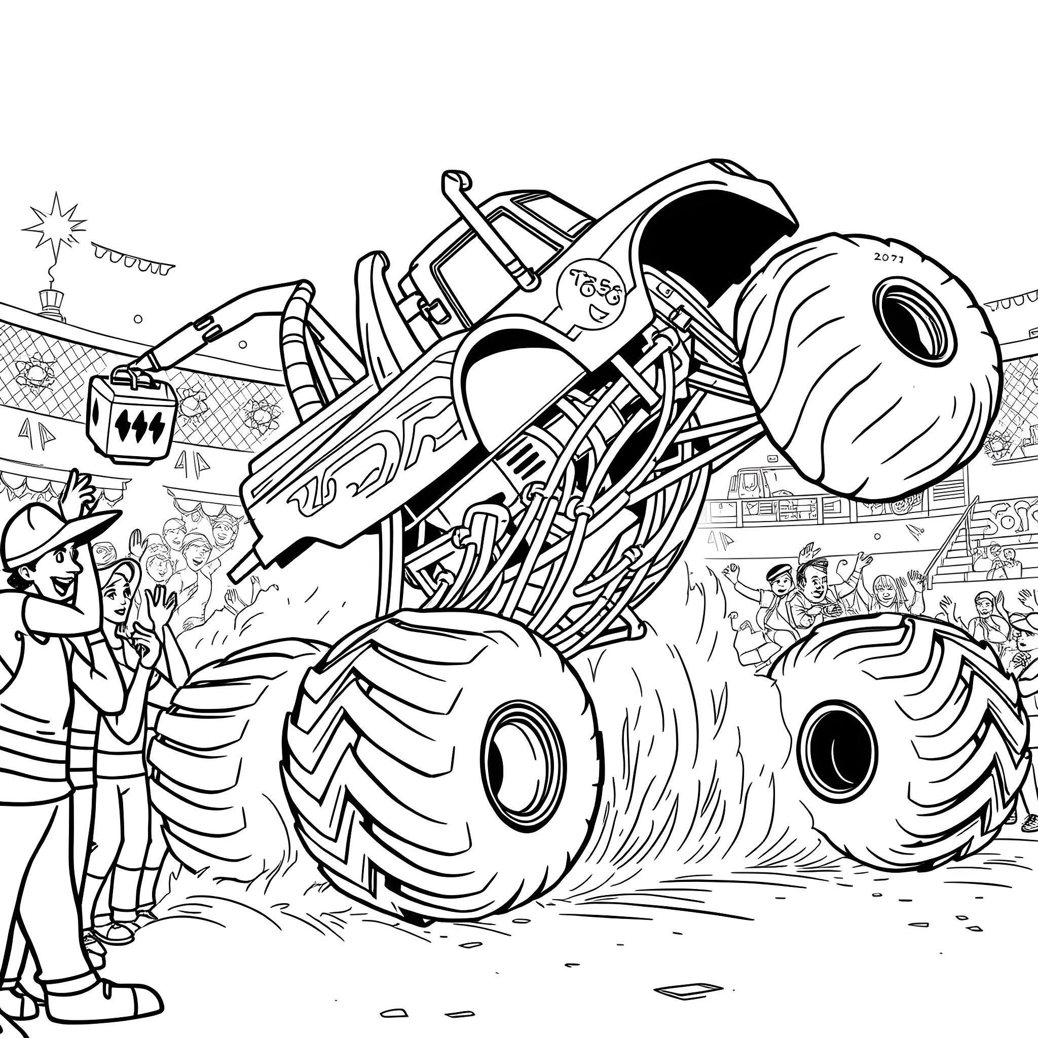 Monster Truck Crushing Cars at Outdoor Rally Coloring Page (free black-and-white line drawing printable PDF for all, from beginners to advanced learners, including children, teens, adults, and seniors)