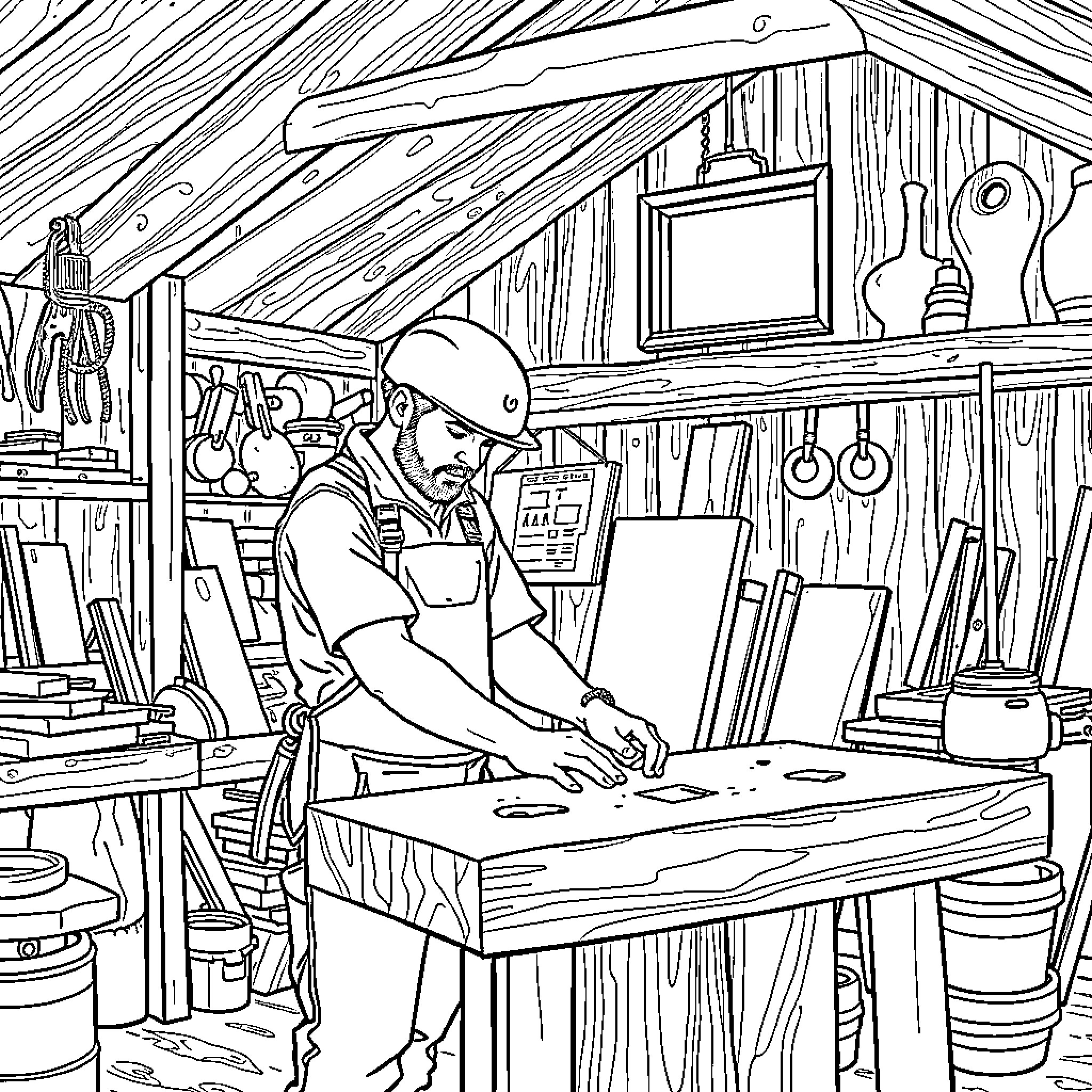 Carpenter at work in his workshop Coloring Page (free black-and-white line drawing printable PDF for all, from beginners to advanced learners, including children, teens, adults, and seniors)