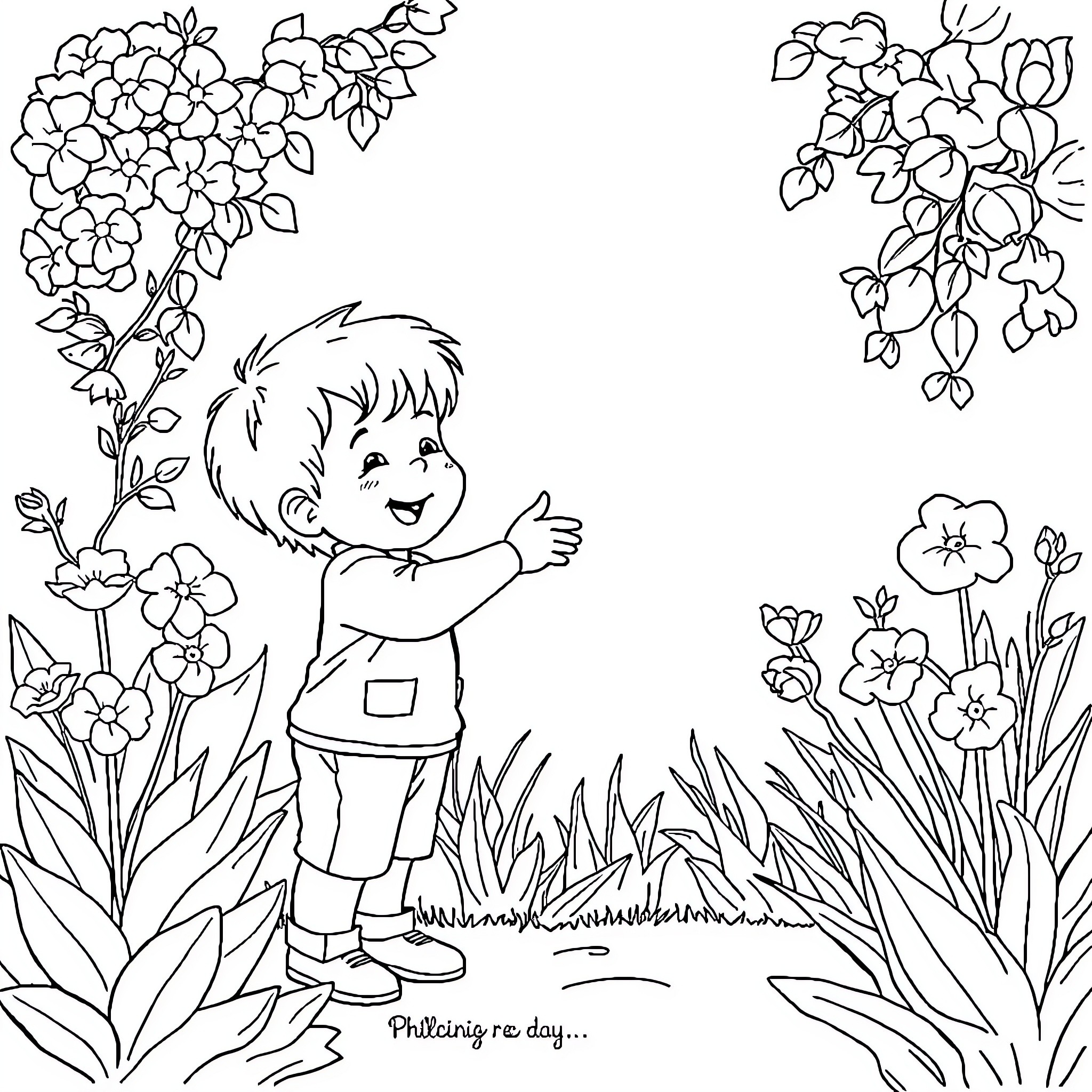 Enfant admiring the blooming flowers in the garden Coloring Page (free black-and-white line drawing printable PDF for all, from beginners to advanced learners, including children, teens, adults, and seniors)
