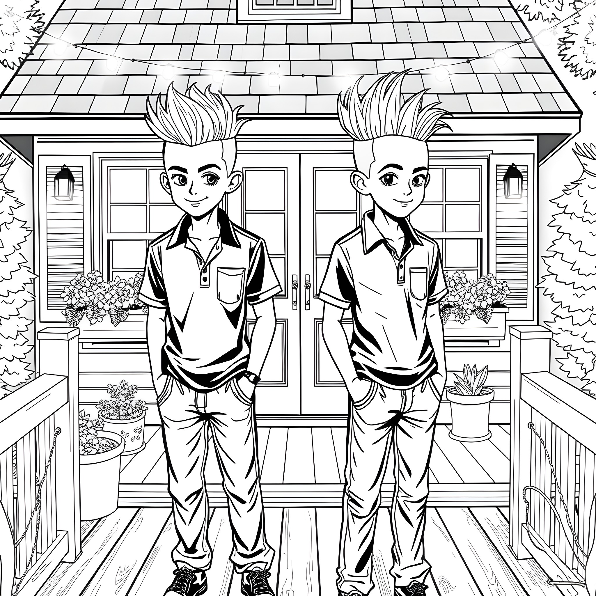 Teen Guys Smiling at the Camera in Front of a House Coloring Page (free black-and-white line drawing printable PDF for all, from beginners to advanced learners, including children, teens, adults, and seniors)