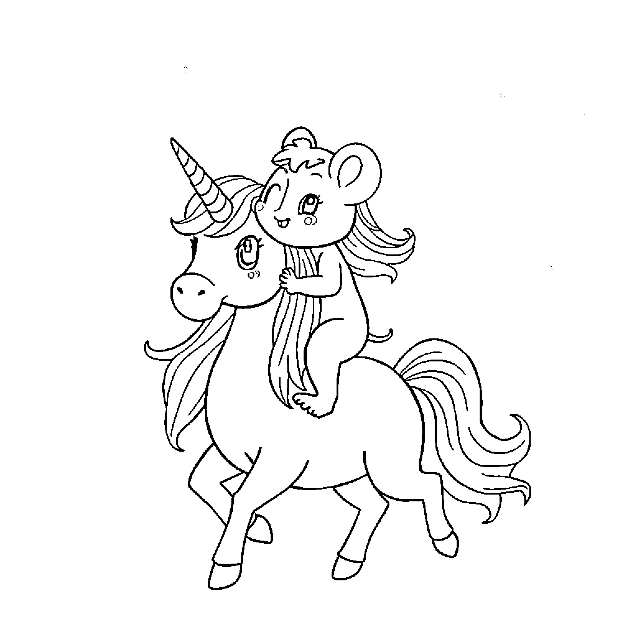 Mouse-like unicorn prancing with excitement Coloring Page (free black-and-white line drawing printable PDF for all, from beginners to advanced learners, including children, teens, adults, and seniors)