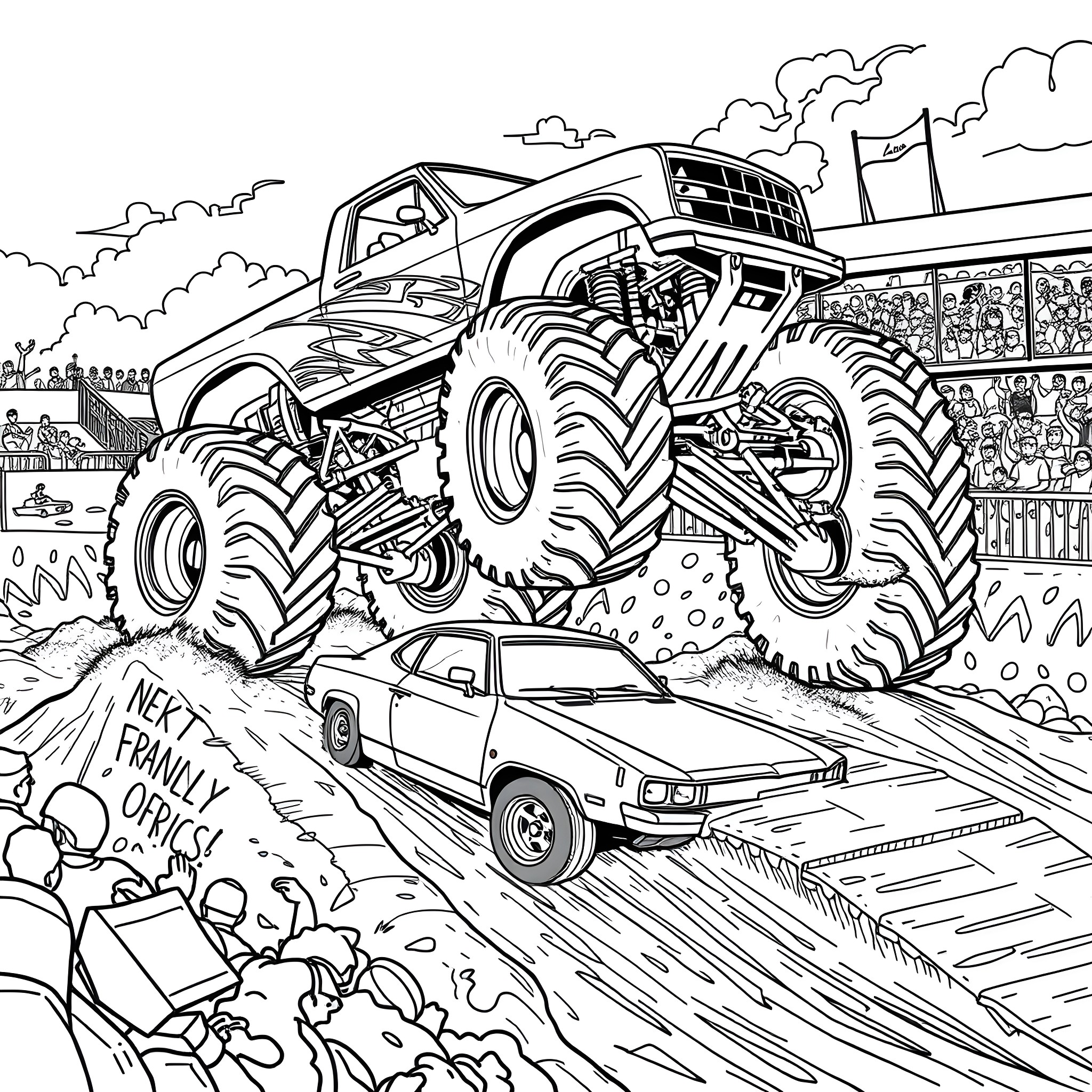 Monster Truck Crushing Cars in an Outdoor Show Coloring Page (free black-and-white line drawing printable PDF for all, from beginners to advanced learners, including children, teens, adults, and seniors)