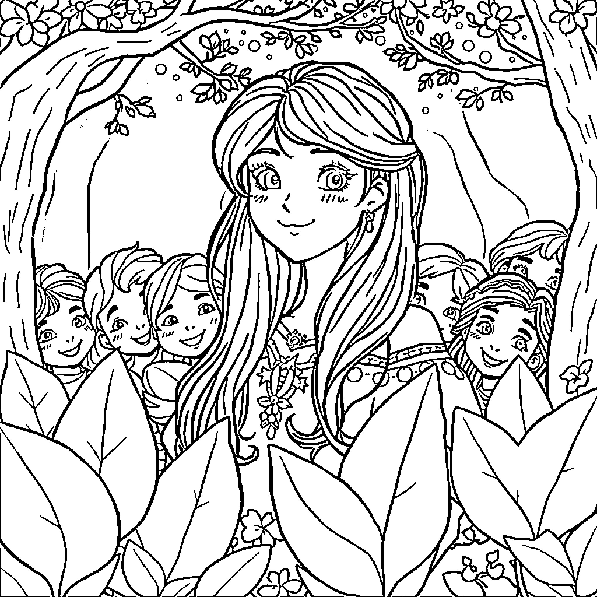 Snow White in a Whimsical Forest Setting Coloring Page (free black-and-white line drawing printable PDF for all, from beginners to advanced learners, including children, teens, adults, and seniors)