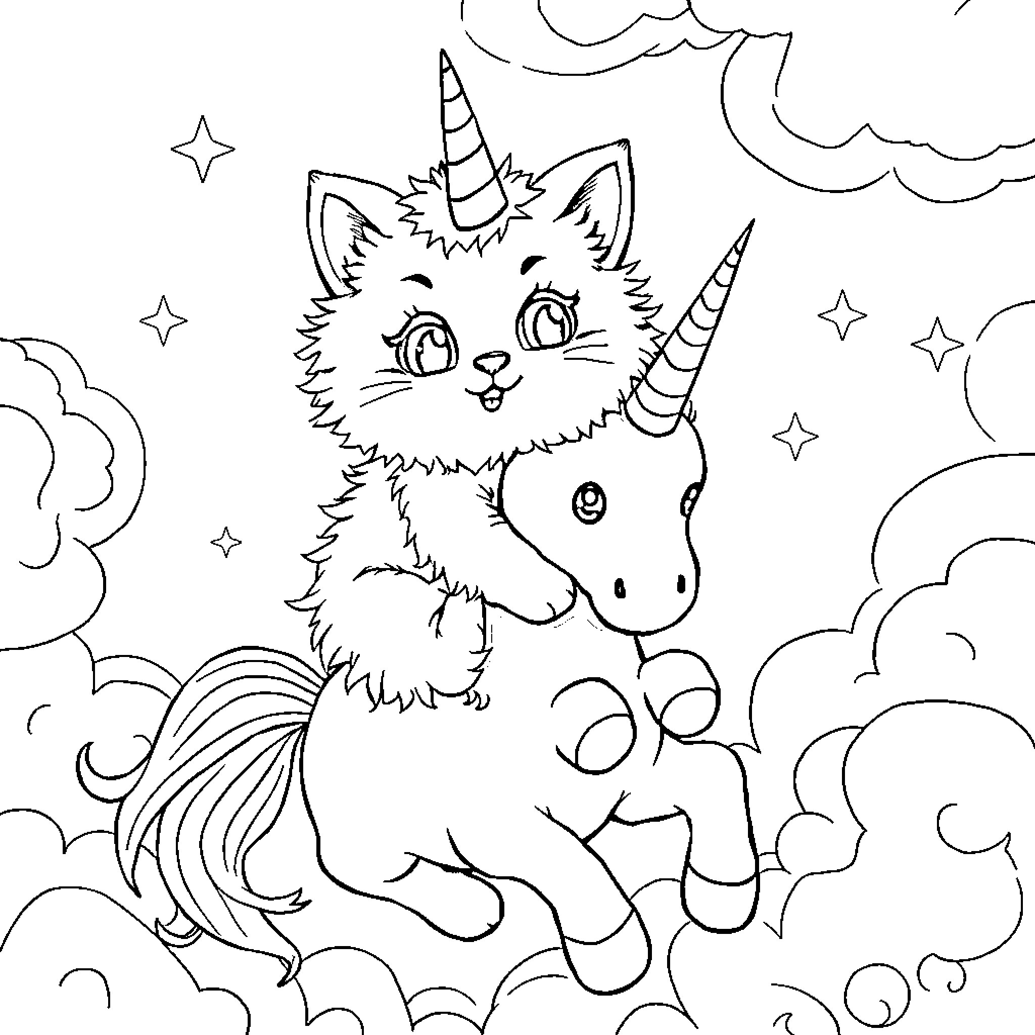 Kitty unicorn frolicking in the clouds Coloring Page (free black-and-white line drawing printable PDF for all, from beginners to advanced learners, including children, teens, adults, and seniors)