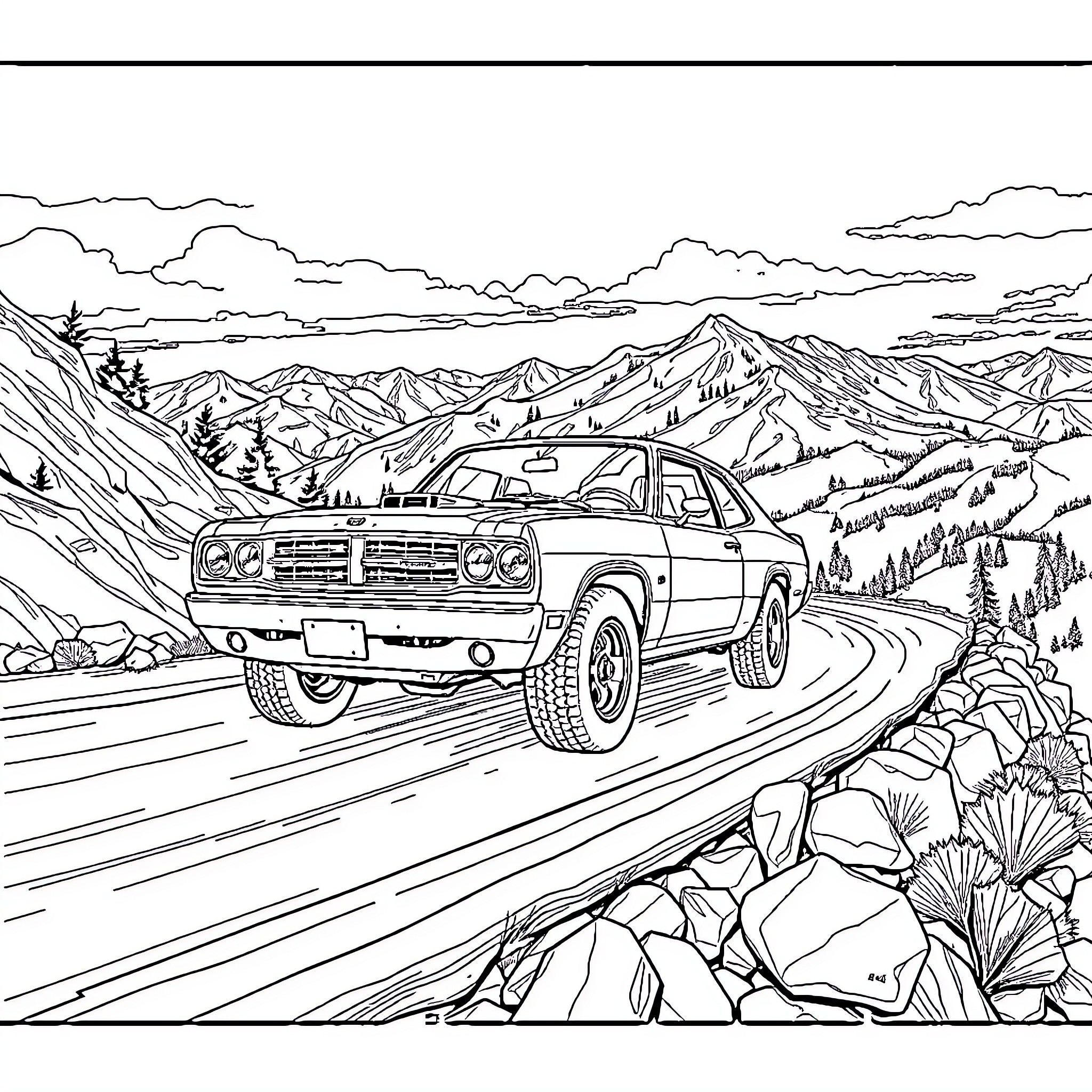 Dodge off-road adventure through rugged mountain terrain Coloring Page (free black-and-white line drawing printable PDF for all, from beginners to advanced learners, including children, teens, adults, and seniors)