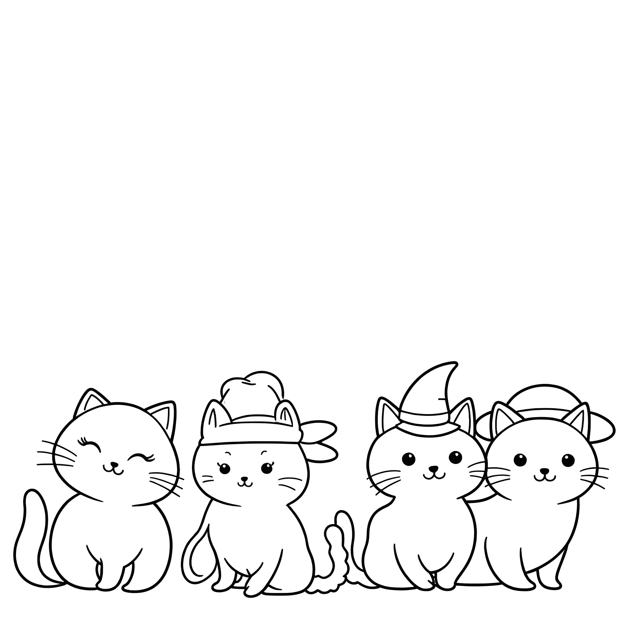 Cute cats in various outfits Coloring Page (free black-and-white line drawing printable PDF for all, from beginners to advanced learners, including children, teens, adults, and seniors)