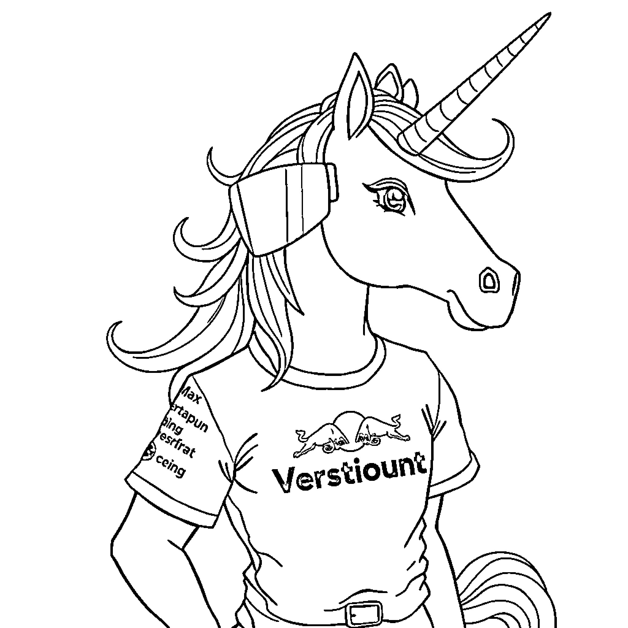 Unicorn wearing a Versicount shirt Coloring Page (free black-and-white line drawing printable PDF for all, from beginners to advanced learners, including children, teens, adults, and seniors)