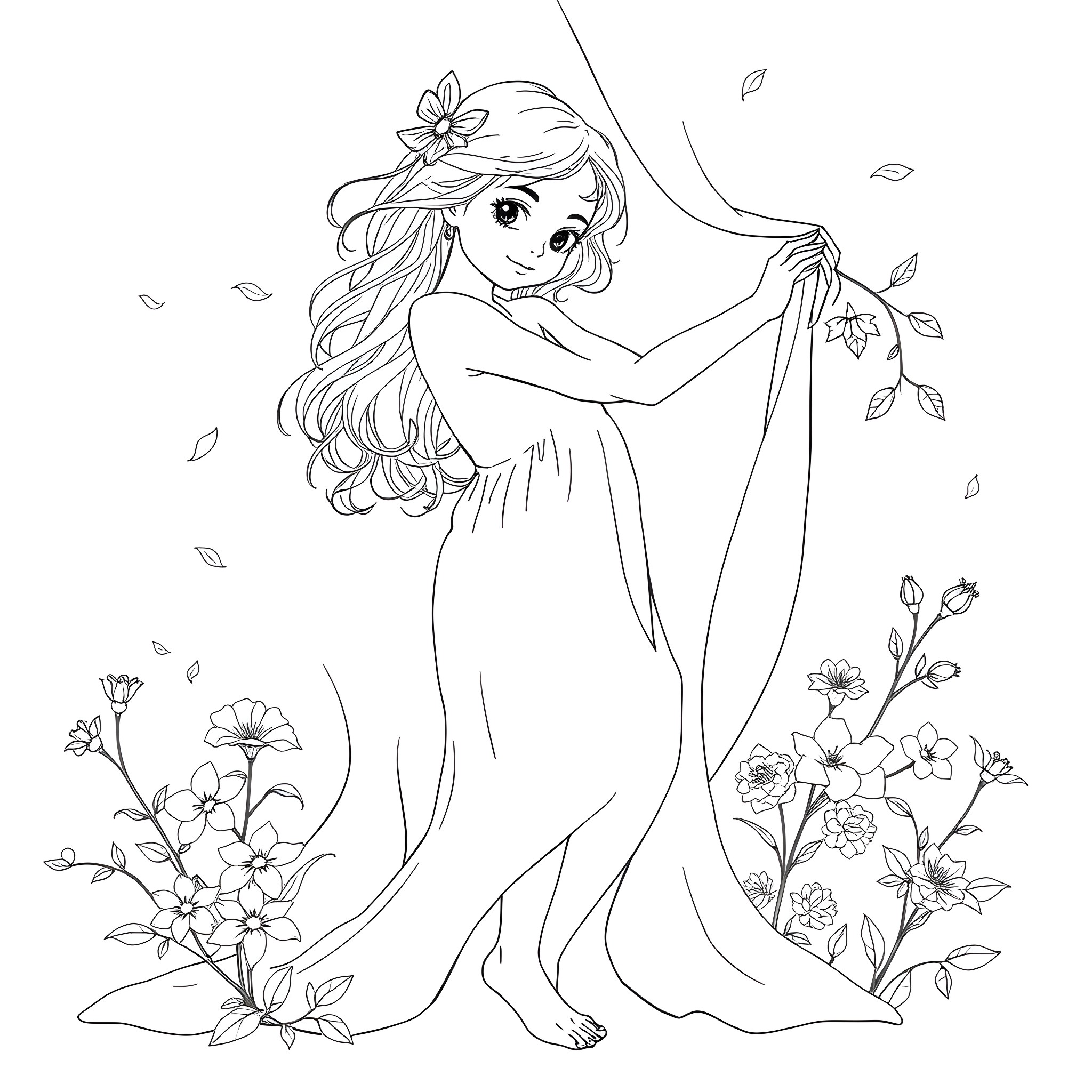 Girl surrounded by flowers and leaves Coloring Page (free black-and-white line drawing printable PDF for all, from beginners to advanced learners, including children, teens, adults, and seniors)