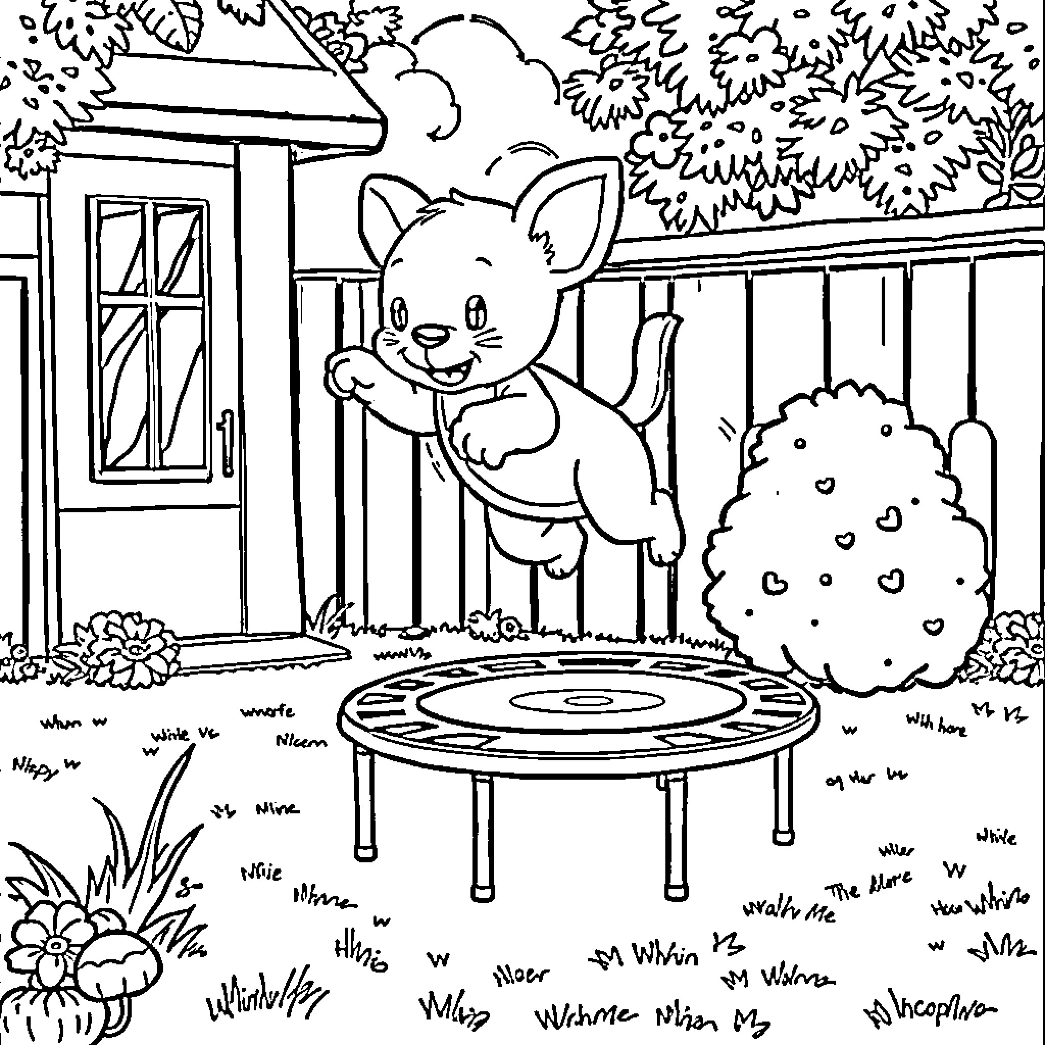 Bluey Playing Happily in the Backyard Coloring Page (free black-and-white line drawing printable PDF for all, from beginners to advanced learners, including children, teens, adults, and seniors)