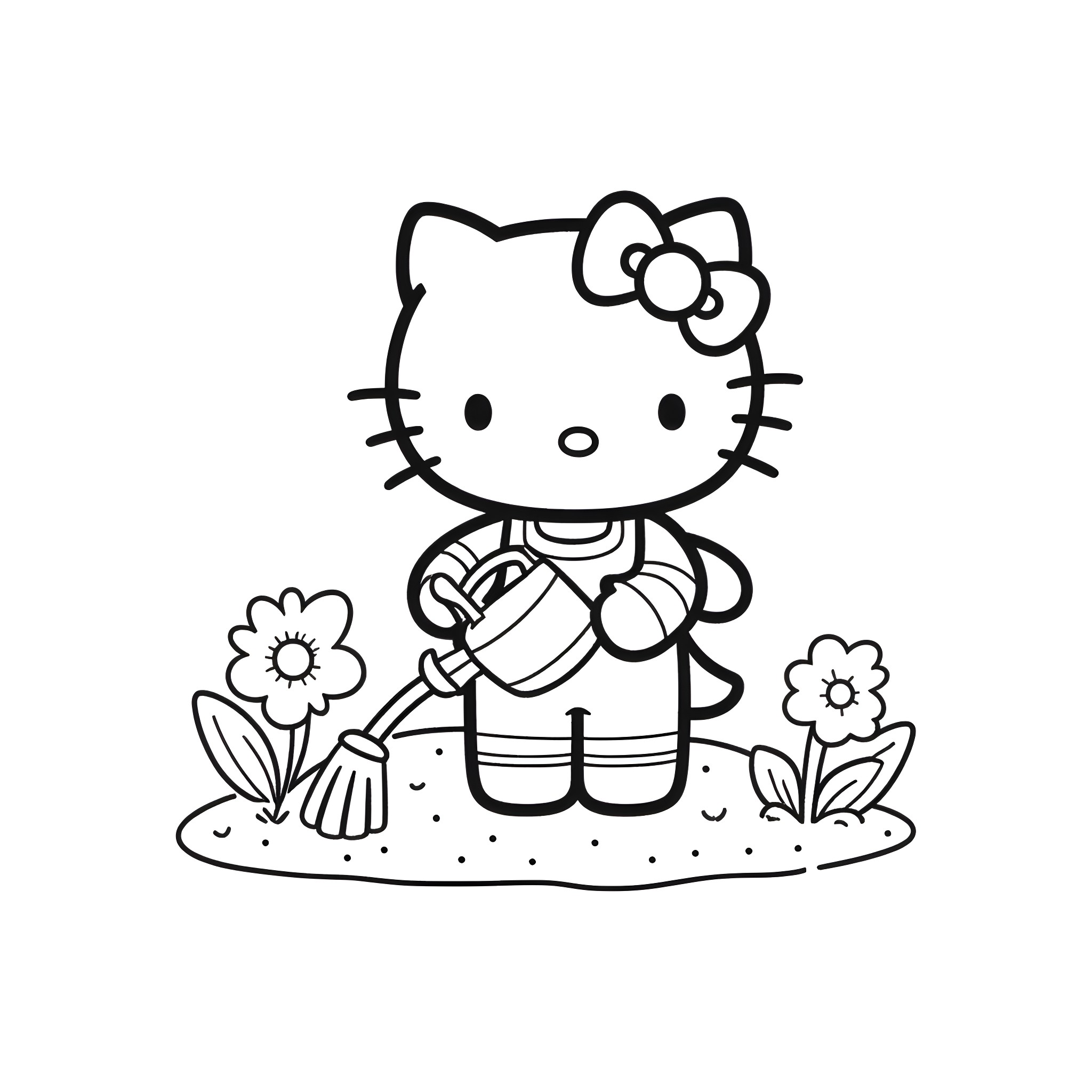 Hello Kitty gardening with flowers Coloring Page (free black-and-white line drawing printable PDF for all, from beginners to advanced learners, including children, teens, adults, and seniors)