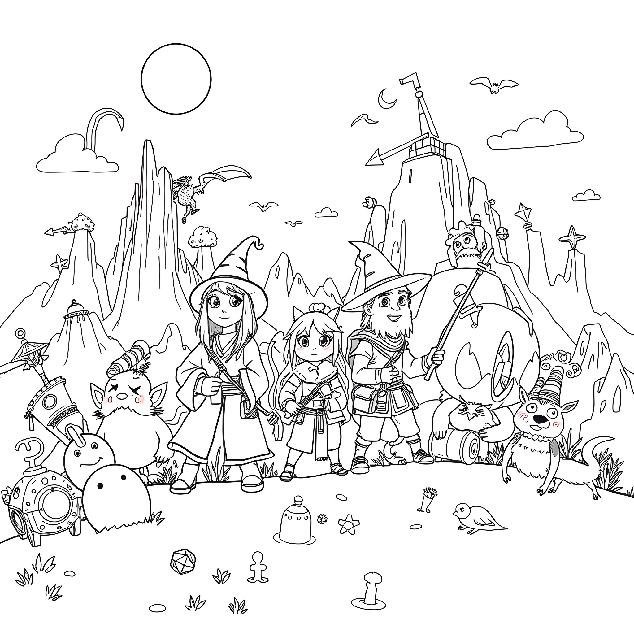 Creature adventure in a fantastical world Coloring Page (free black-and-white line drawing printable PDF for all, from beginners to advanced learners, including children, teens, adults, and seniors)