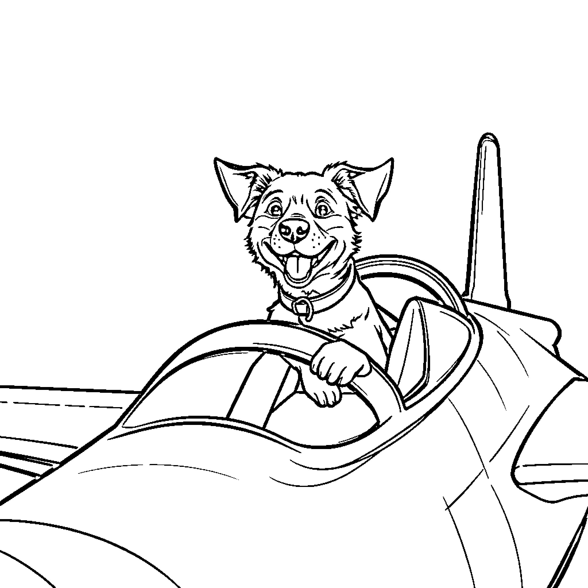 Dog excitedly riding in an airplane Coloring Page (free black-and-white line drawing printable PDF for all, from beginners to advanced learners, including children, teens, adults, and seniors)