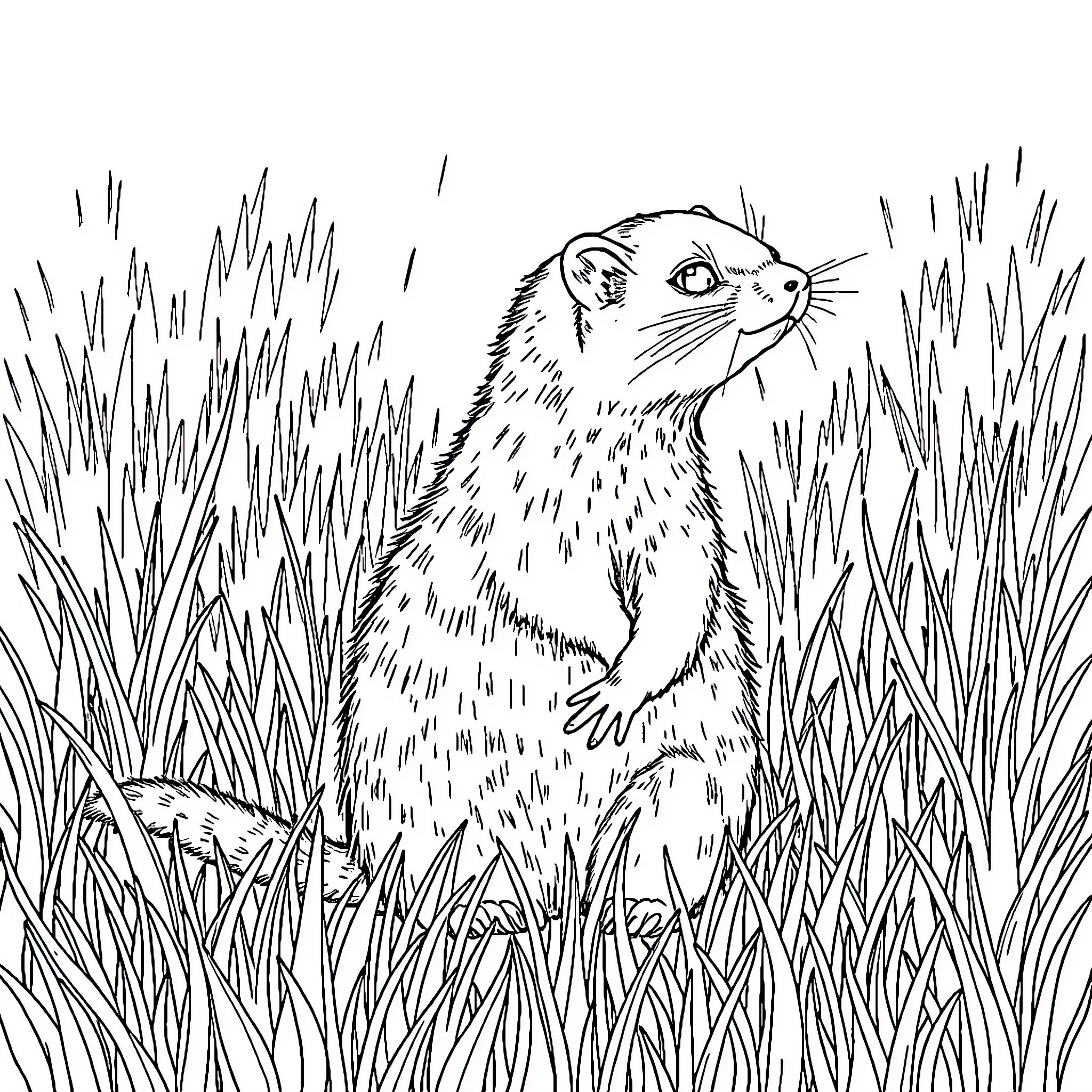 Marmot peeking out from tall grass Coloring Page (free black-and-white line drawing printable PDF for all, from beginners to advanced learners, including children, teens, adults, and seniors)