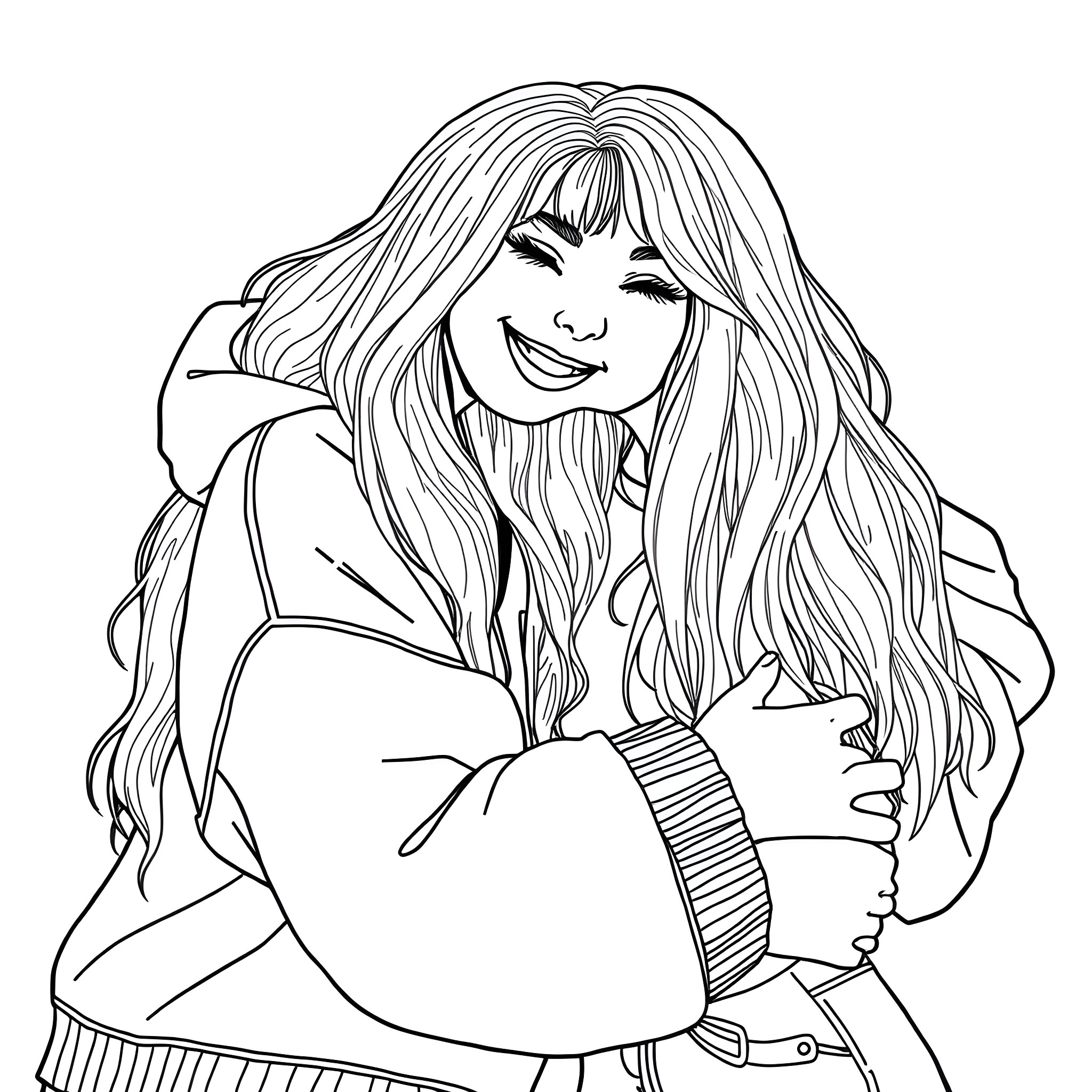 Billie Eilish posing with a warm smile Coloring Page (free black-and-white line drawing printable PDF for all, from beginners to advanced learners, including children, teens, adults, and seniors)