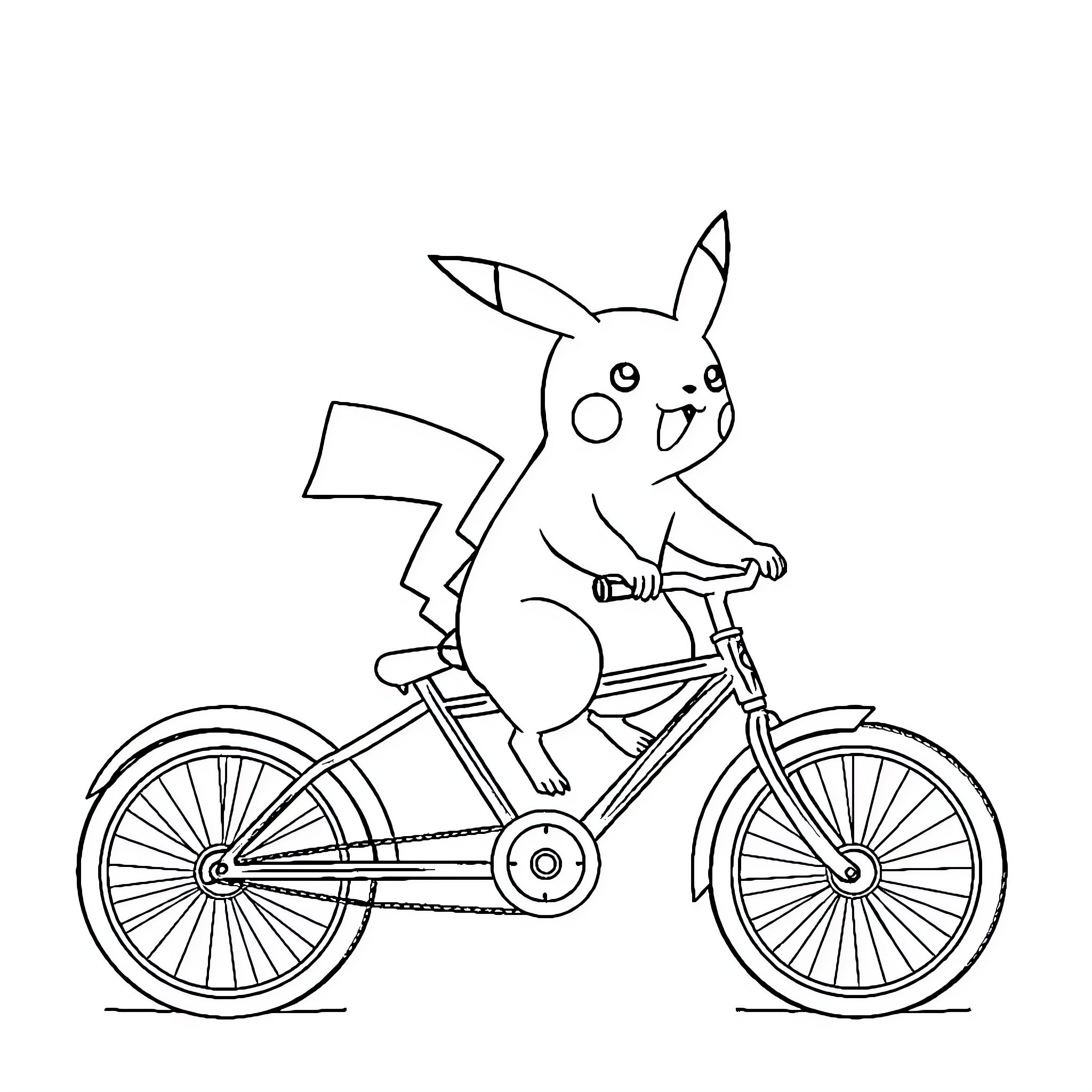 Pikachu riding a bicycle happily Coloring Page (free black-and-white line drawing printable PDF for all, from beginners to advanced learners, including children, teens, adults, and seniors)