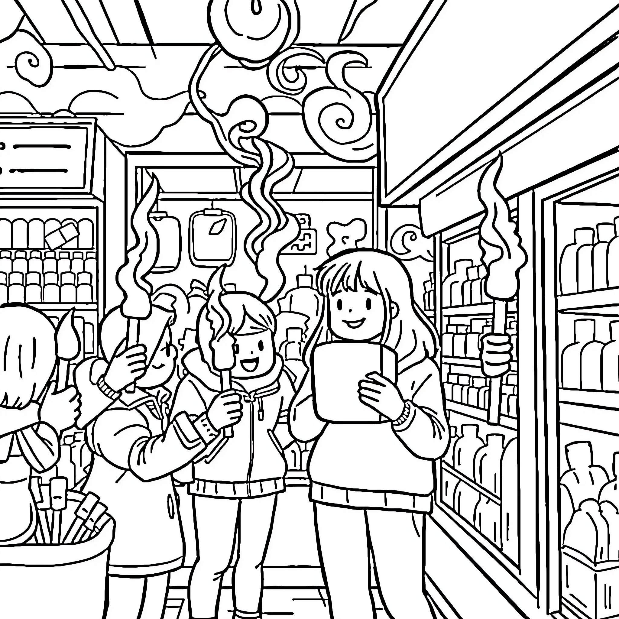 Torch-wielding friends explore whimsical store setting Coloring Page (free black-and-white line drawing printable PDF for all, from beginners to advanced learners, including children, teens, adults, and seniors)