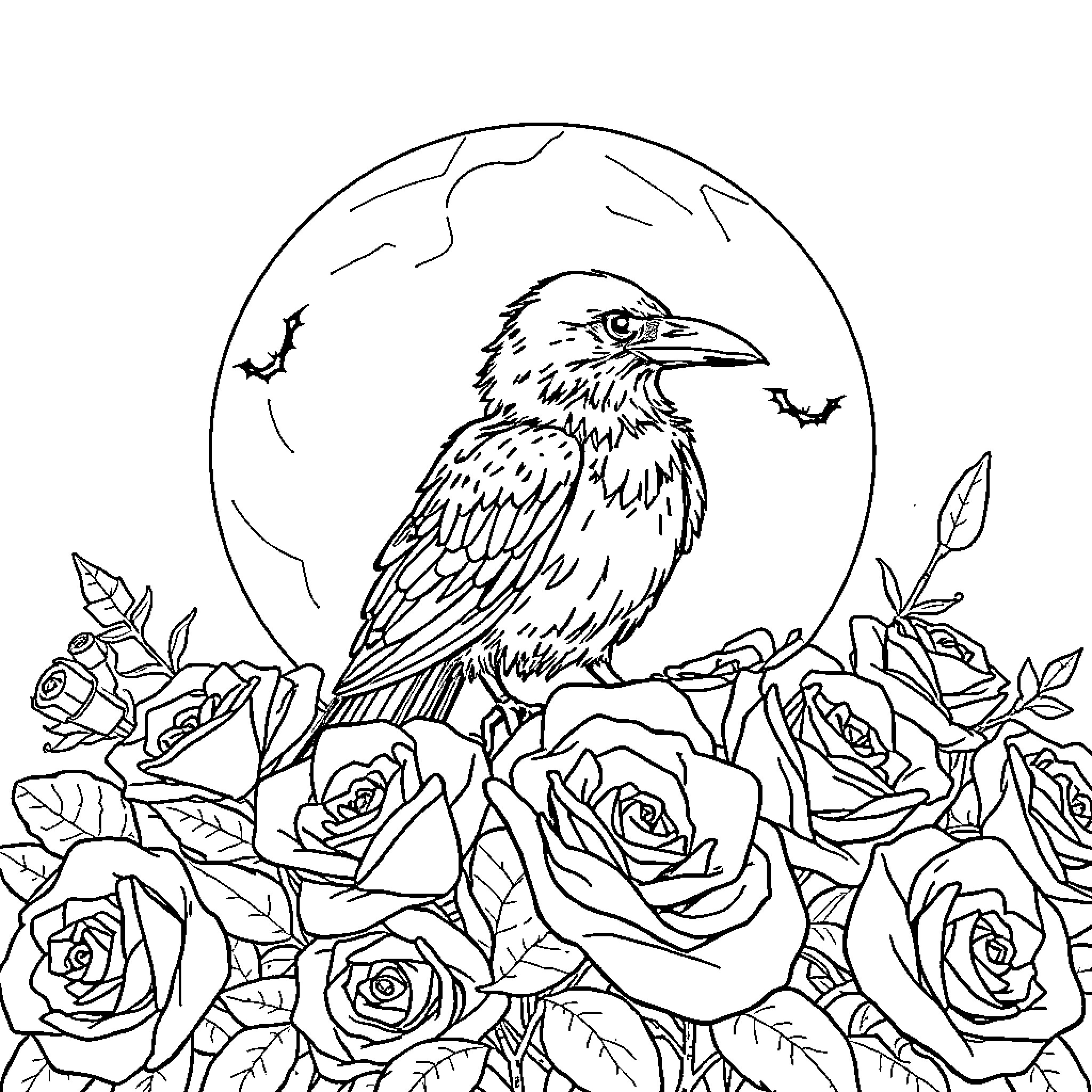 Crow perched amidst roses under a full moon Coloring Page (free black-and-white line drawing printable PDF for all, from beginners to advanced learners, including children, teens, adults, and seniors)