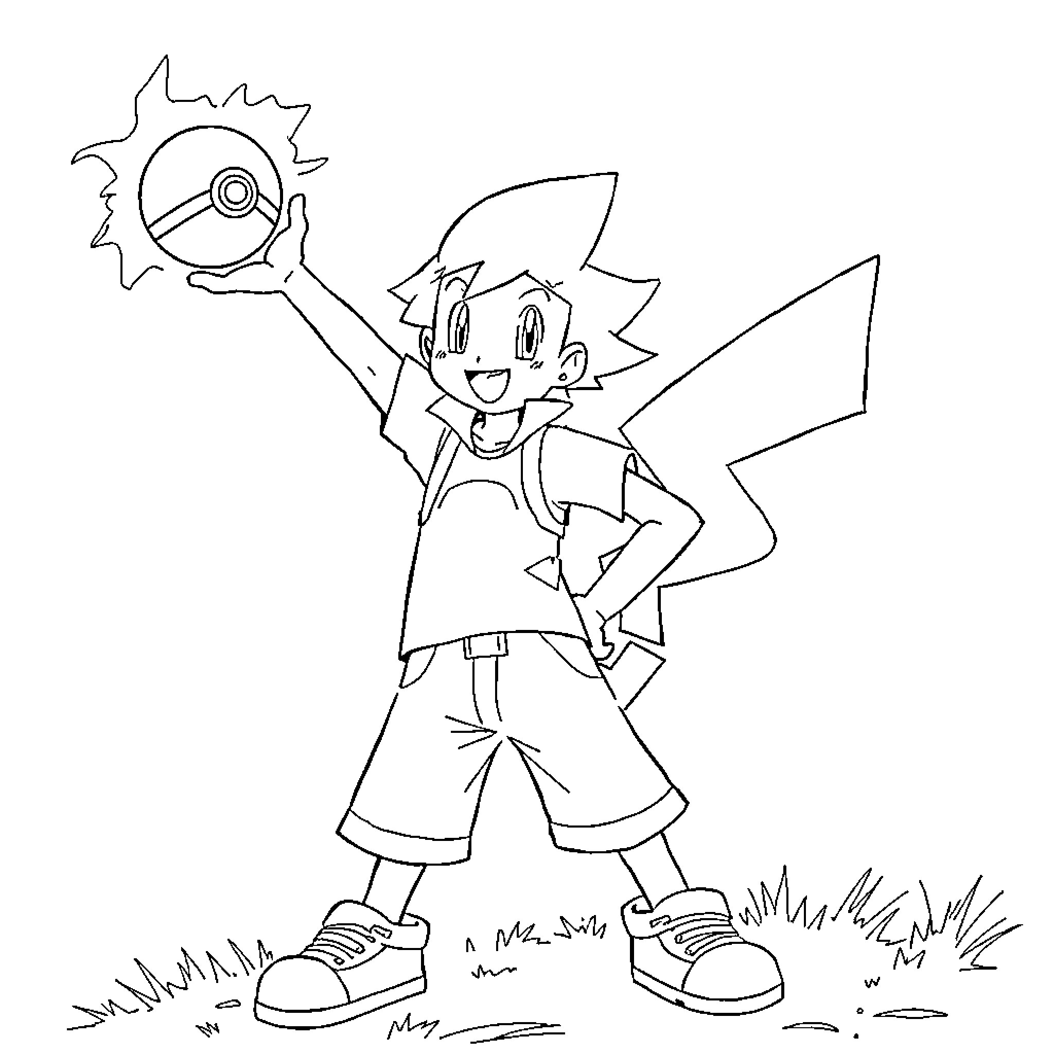 Ash's Playful Outdoor Adventure Coloring Page (free black-and-white line drawing printable PDF for all, from beginners to advanced learners, including children, teens, adults, and seniors)