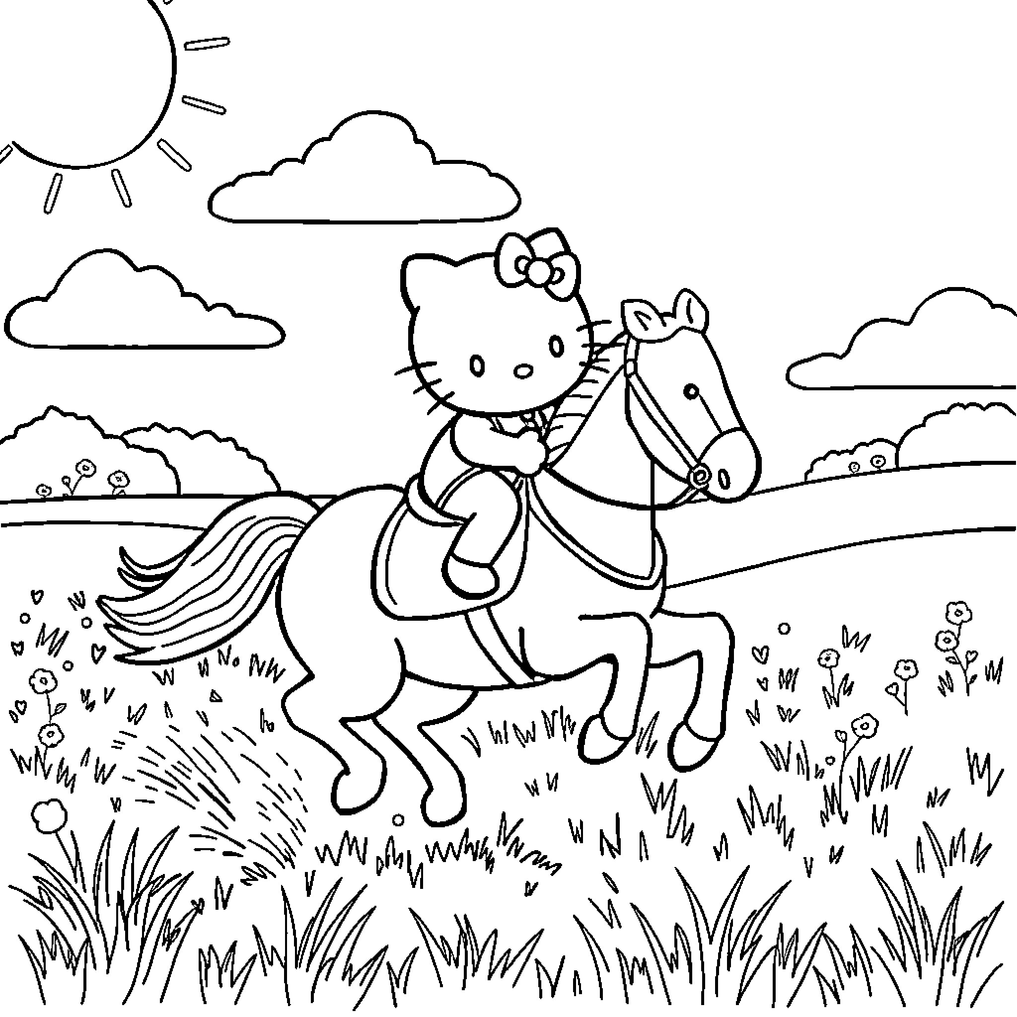 Hello Kitty riding a horse through the countryside Coloring Page (free black-and-white line drawing printable PDF for all, from beginners to advanced learners, including children, teens, adults, and seniors)