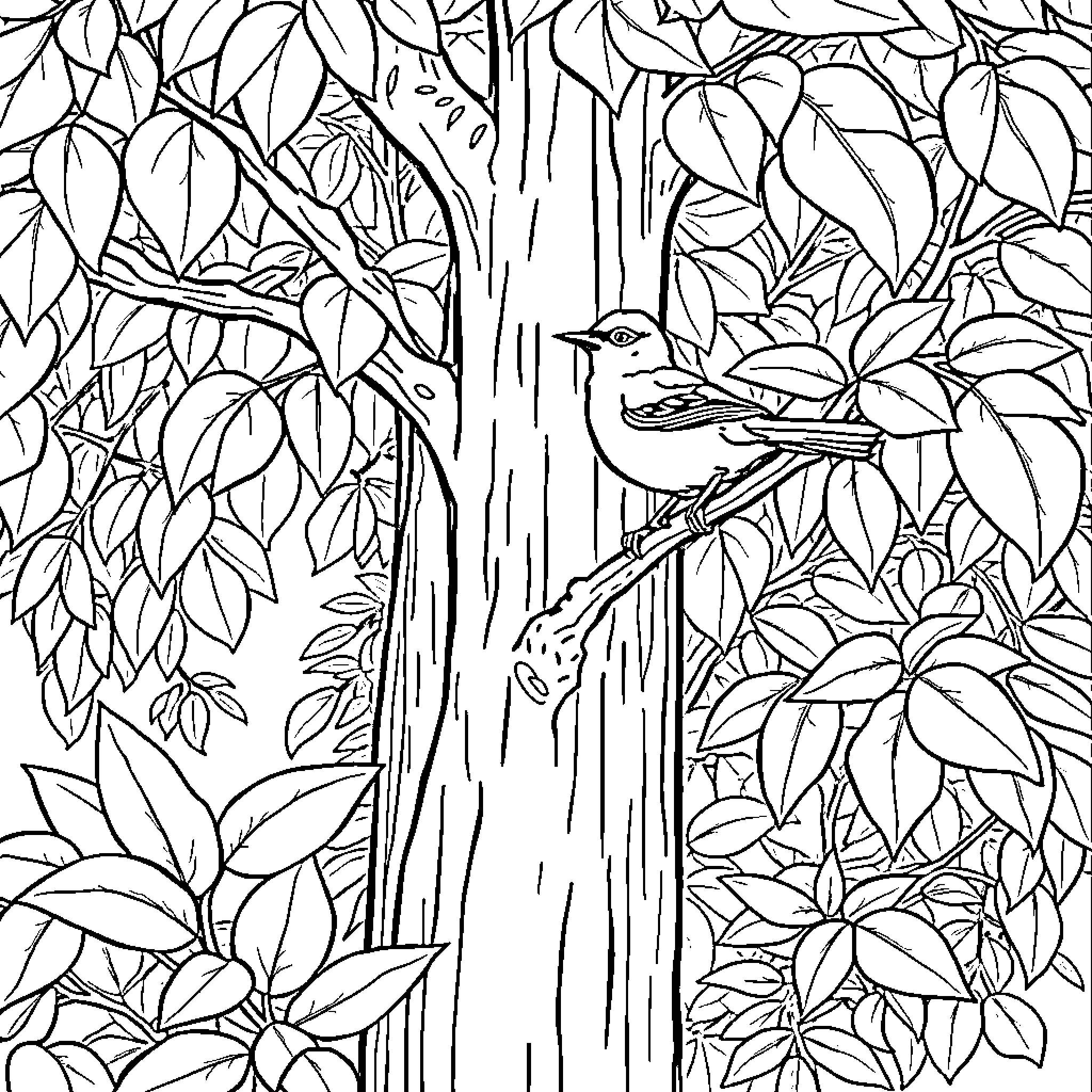 Bird perching on a tree surrounded by lush foliage Coloring Page (free black-and-white line drawing printable PDF for all, from beginners to advanced learners, including children, teens, adults, and seniors)