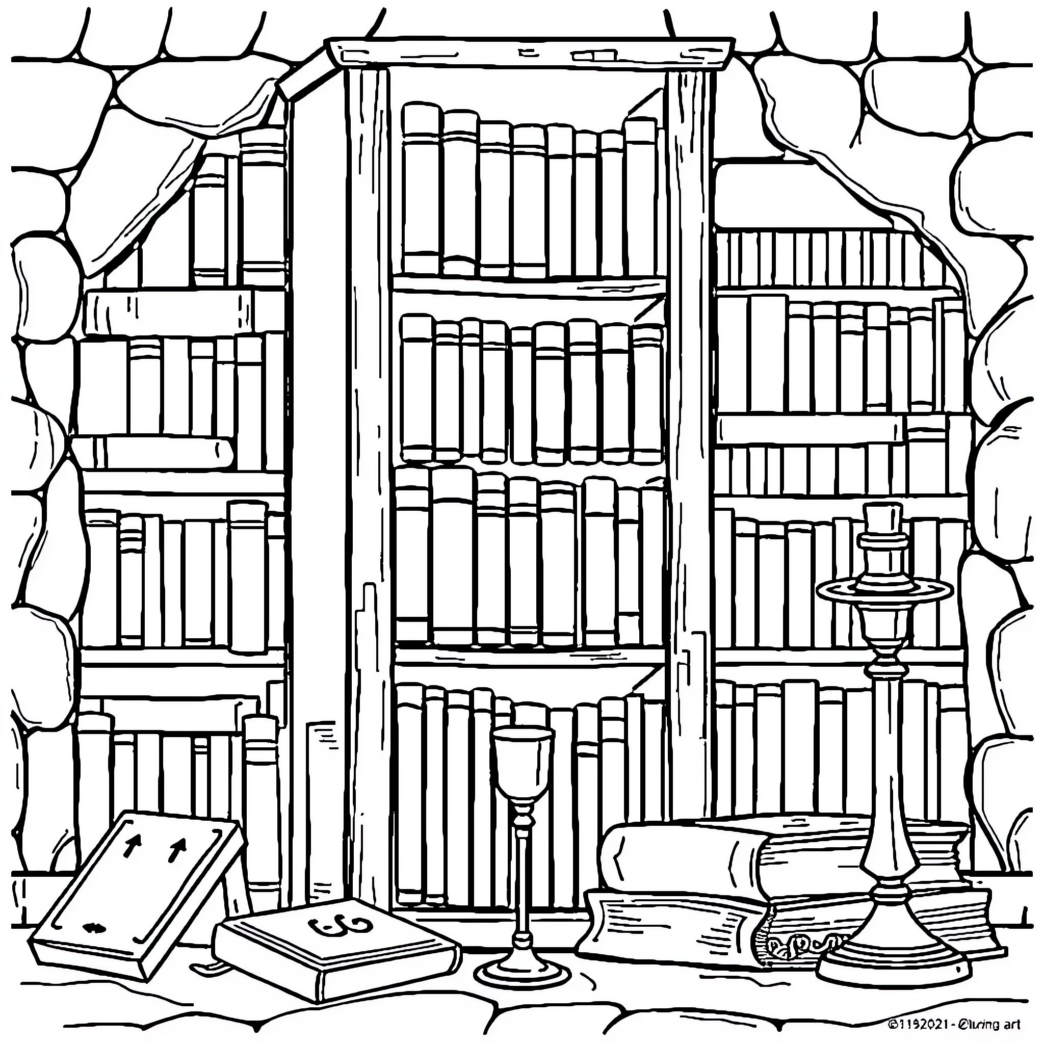 Bookcase filled with books, candlestick, and other items Coloring Page (free black-and-white line drawing printable PDF for all, from beginners to advanced learners, including children, teens, adults, and seniors)