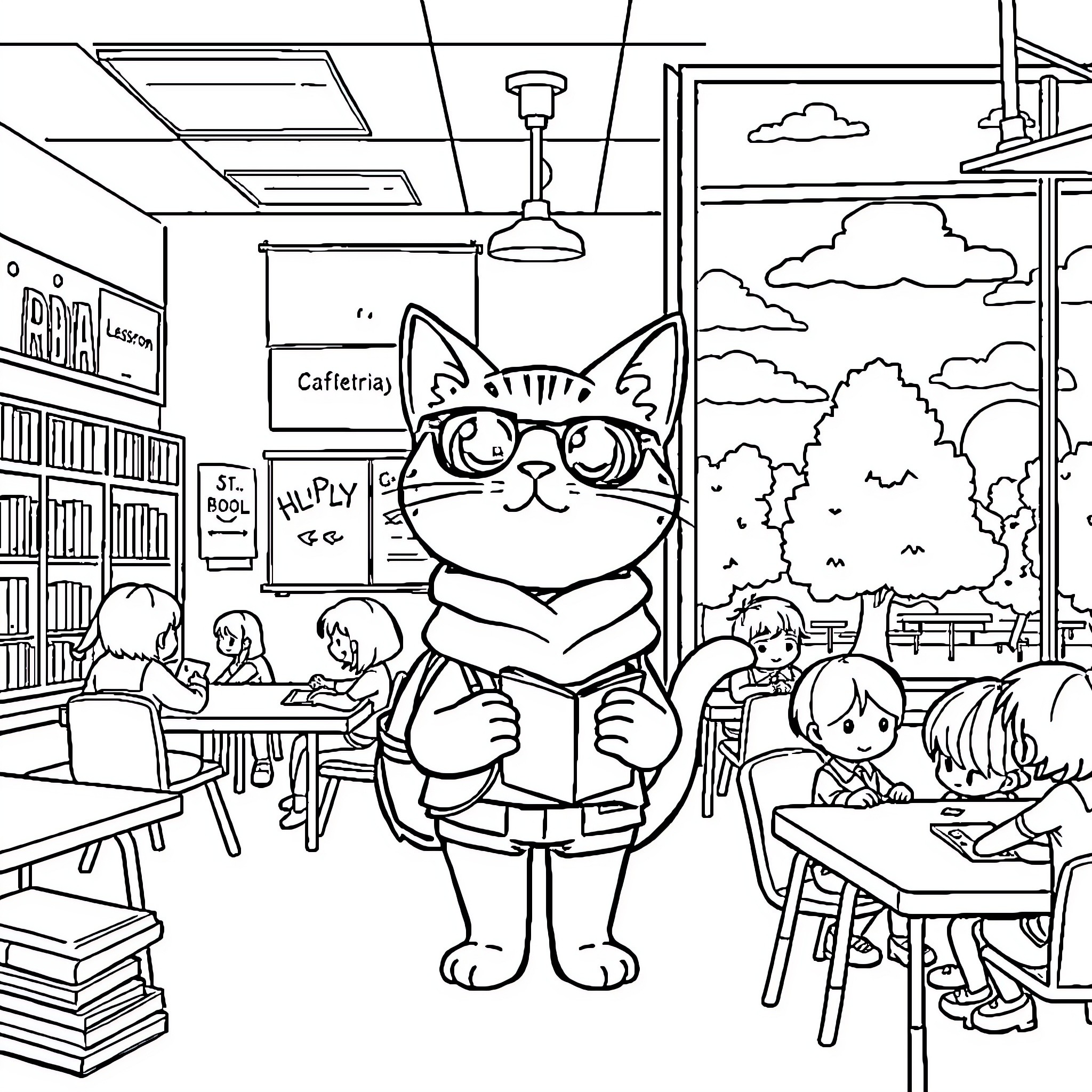 Chibi Cat enjoying a book in a cozy cafe Coloring Page (free black-and-white line drawing printable PDF for all, from beginners to advanced learners, including children, teens, adults, and seniors)