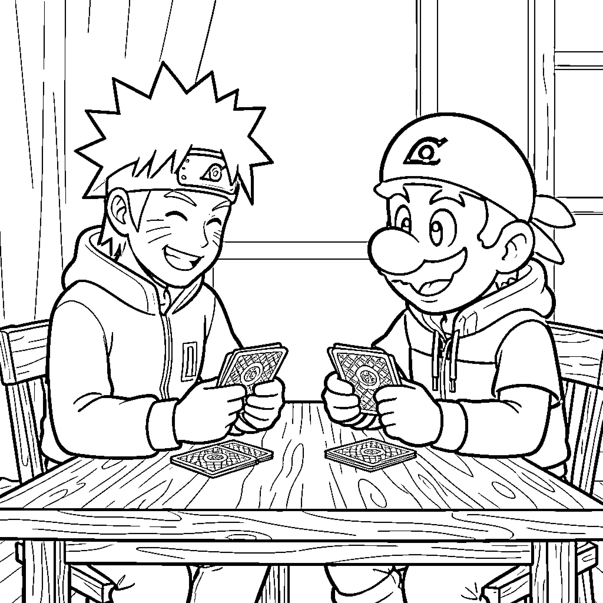 Naruto and Mario playing a card game together Coloring Page (free black-and-white line drawing printable PDF for all, from beginners to advanced learners, including children, teens, adults, and seniors)
