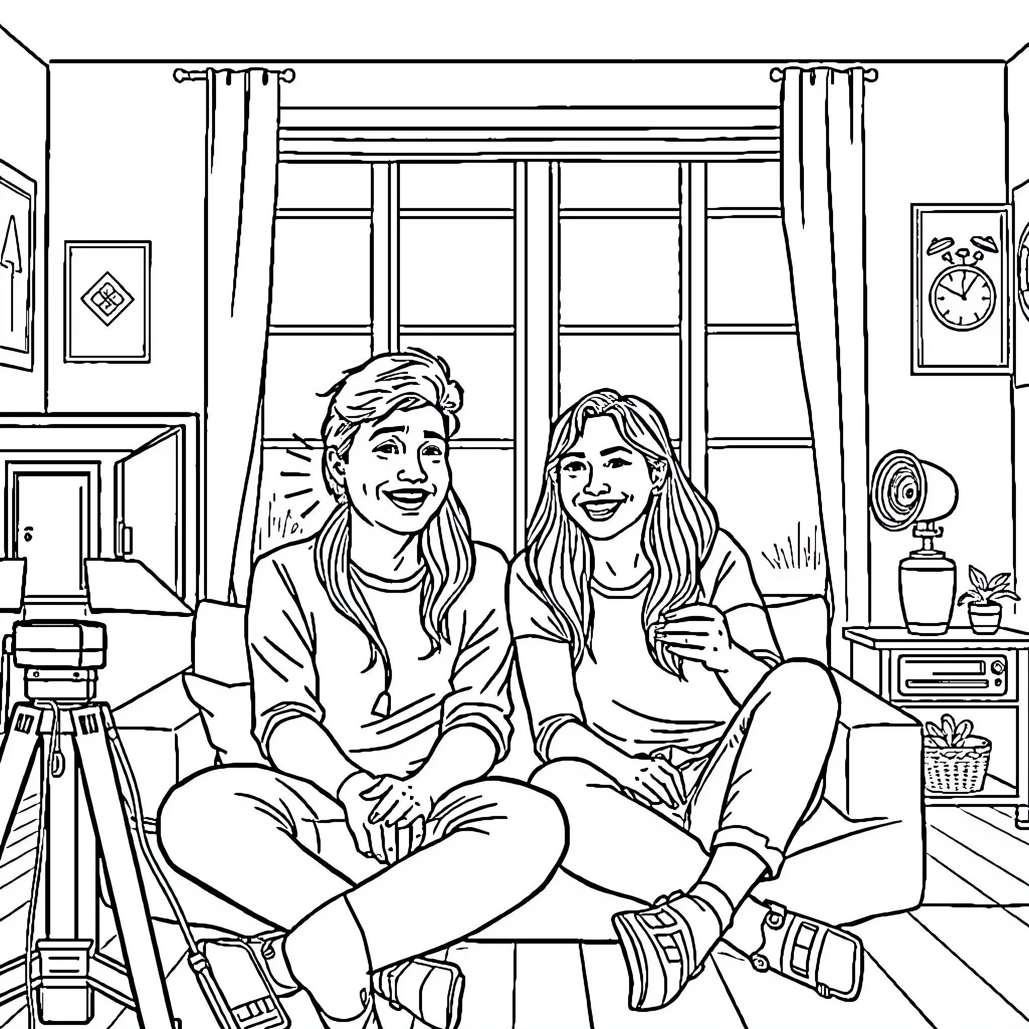 YouTube Creators Enjoying a Cozy Conversation Coloring Page (free black-and-white line drawing printable PDF for all, from beginners to advanced learners, including children, teens, adults, and seniors)