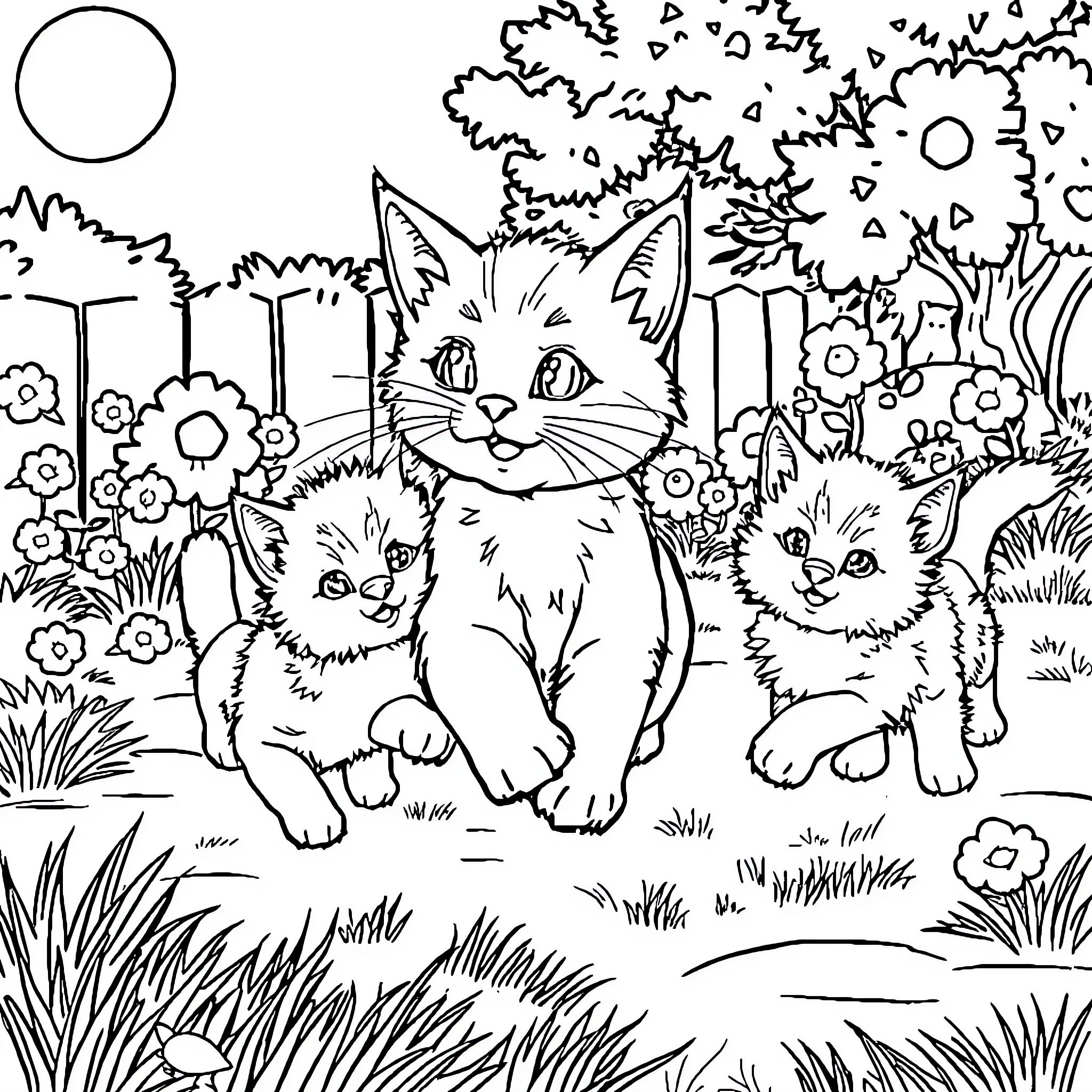 Cat family playing in a floral garden Coloring Page (free black-and-white line drawing printable PDF for all, from beginners to advanced learners, including children, teens, adults, and seniors)