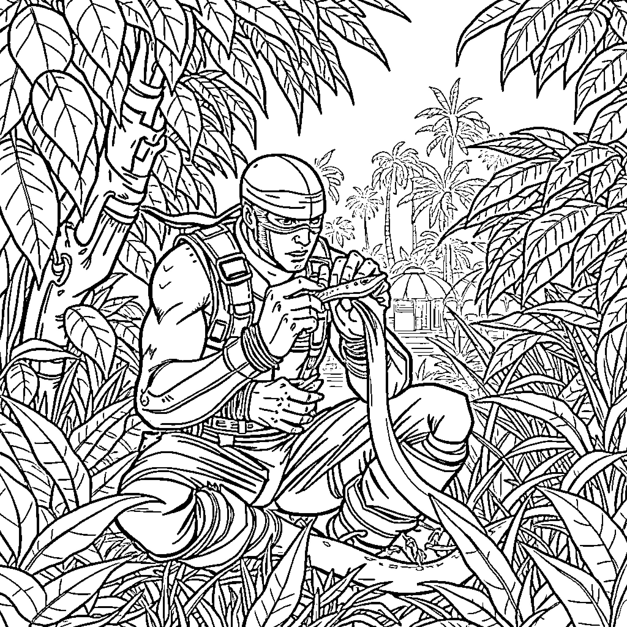 Snake charmer playing music in the jungle Coloring Page (free black-and-white line drawing printable PDF for all, from beginners to advanced learners, including children, teens, adults, and seniors)