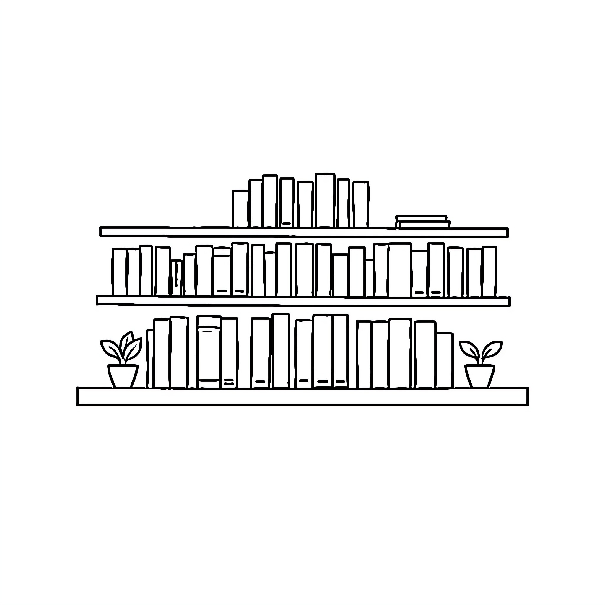 Shelf with Books and Potted Plants Coloring Page (free black-and-white line drawing printable PDF for all, from beginners to advanced learners, including children, teens, adults, and seniors)