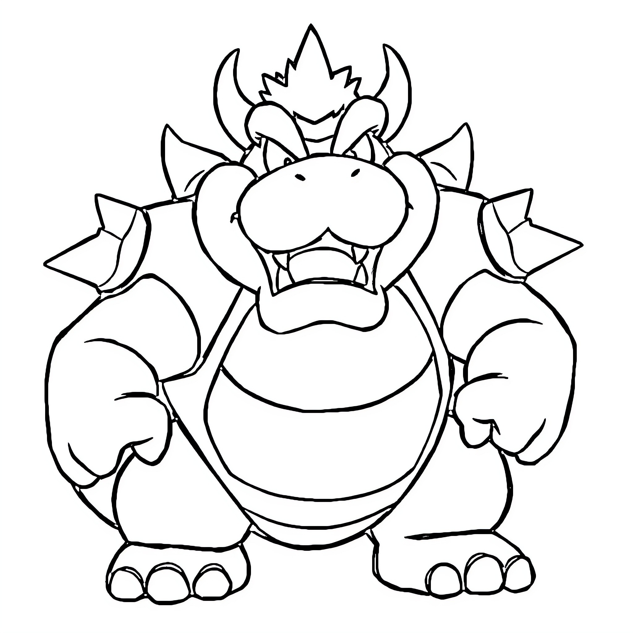 Bowser Stomping with Fierce Expression Coloring Page (free black-and-white line drawing printable PDF for all, from beginners to advanced learners, including children, teens, adults, and seniors)